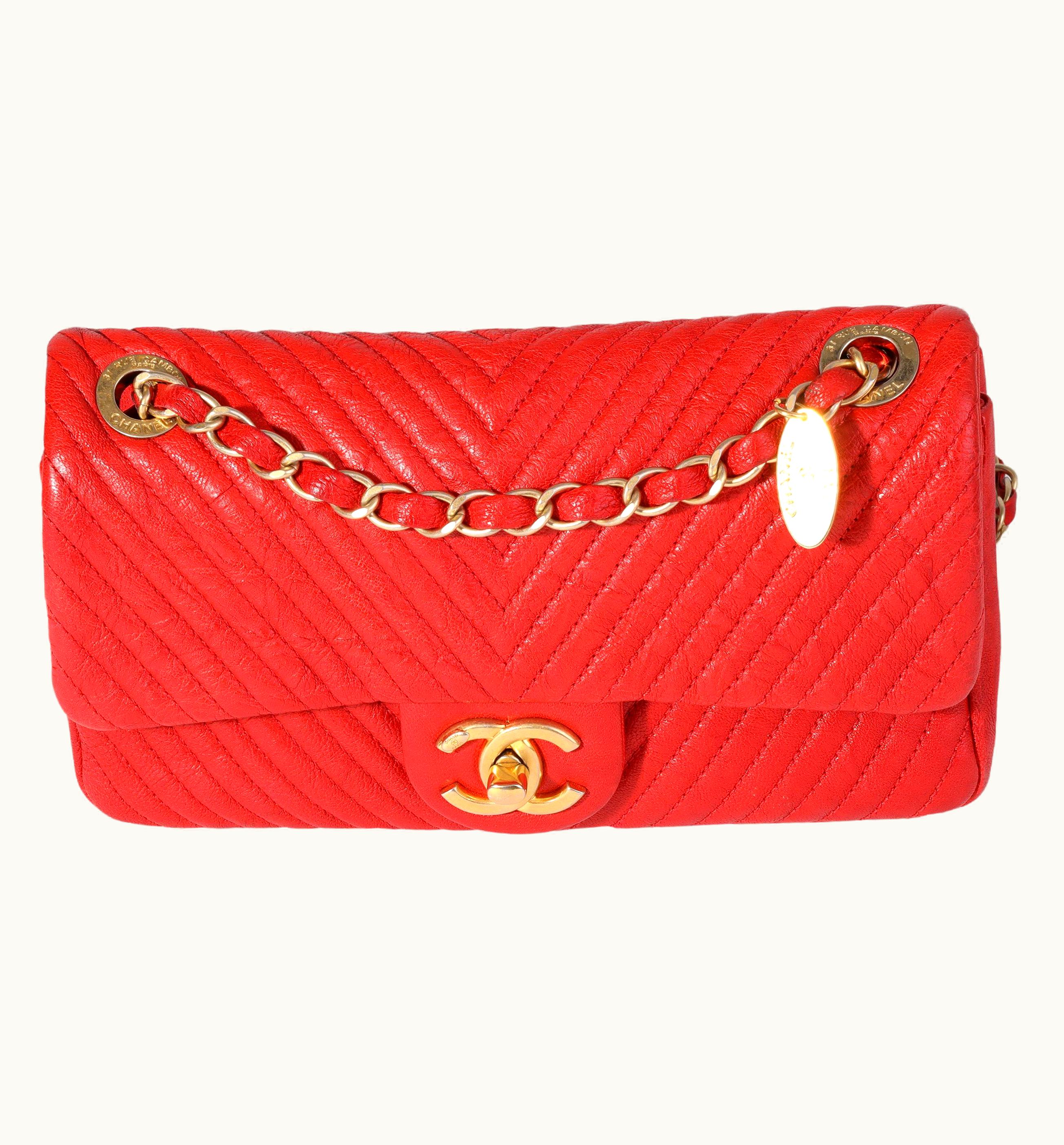 Chanel Chanel Red Chevron Wrinkled Leather Mini Rectangular Medallion Flap Bag
