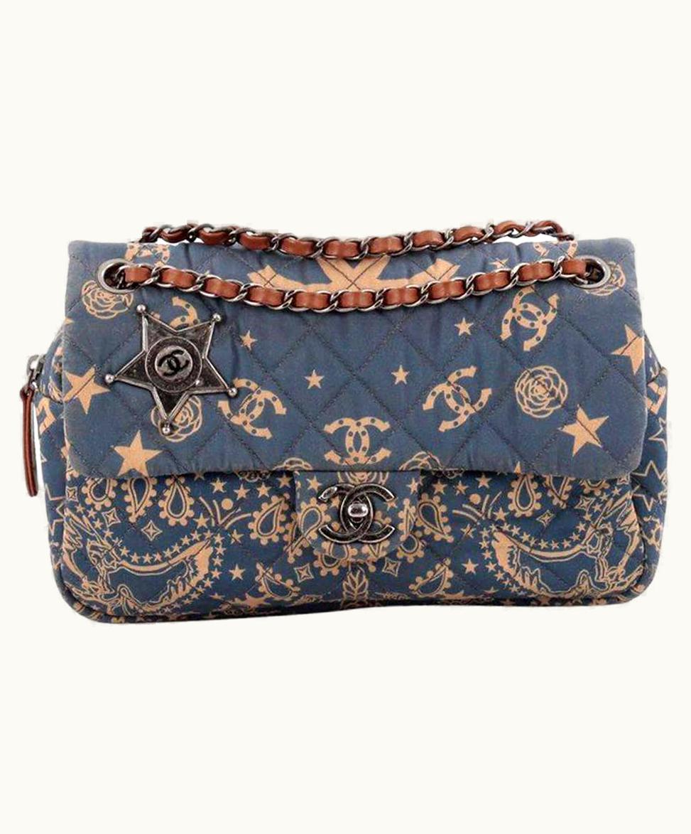 Chanel Chanel Paris-Dallas Bandana Medium Blue & Beige Quilted Classic Flap Canvas Bag