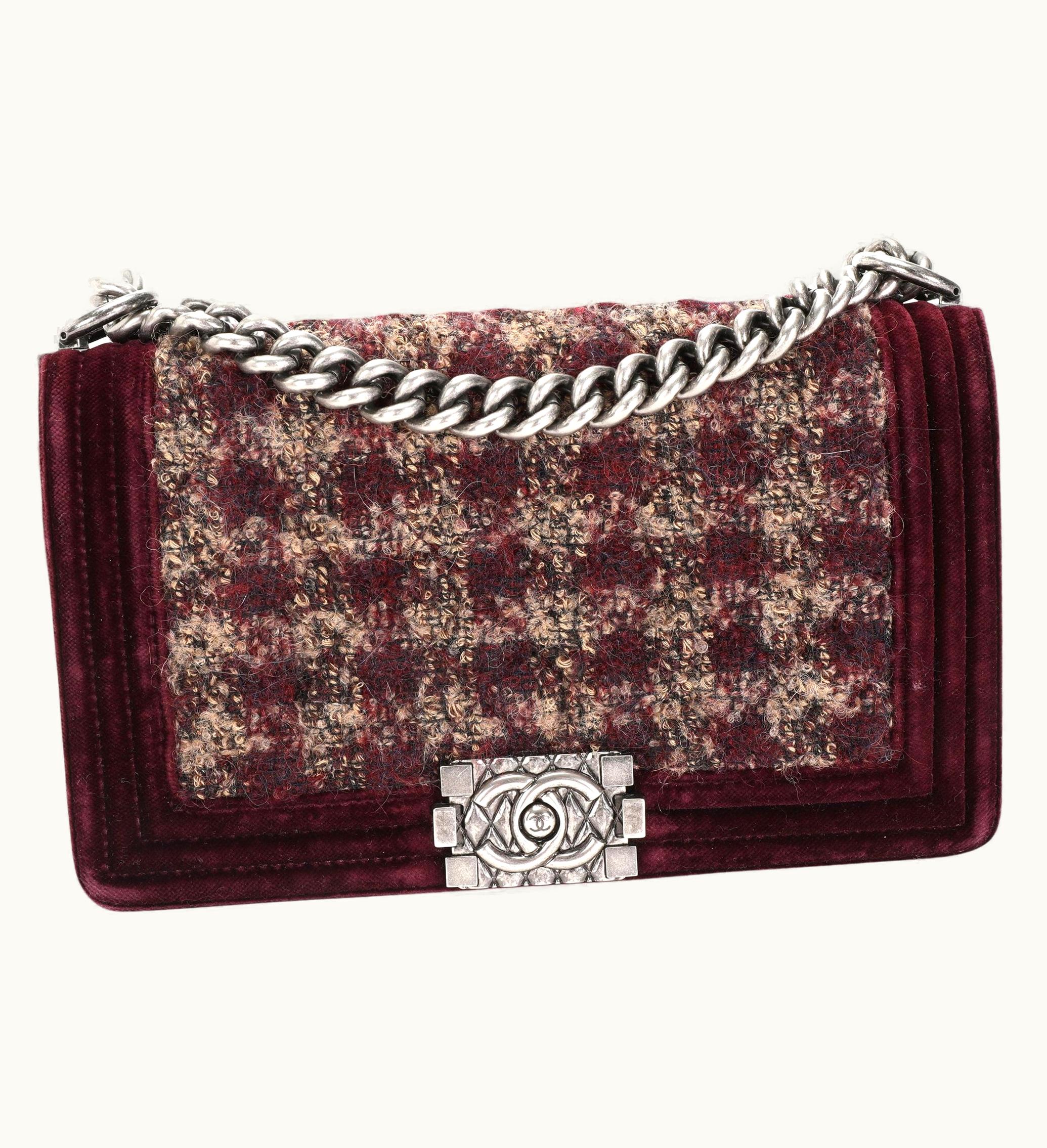 Chanel Chanel Paris-édimbourg Burgundy Quilted Velvet & Tweed Old Medium Boy Bag