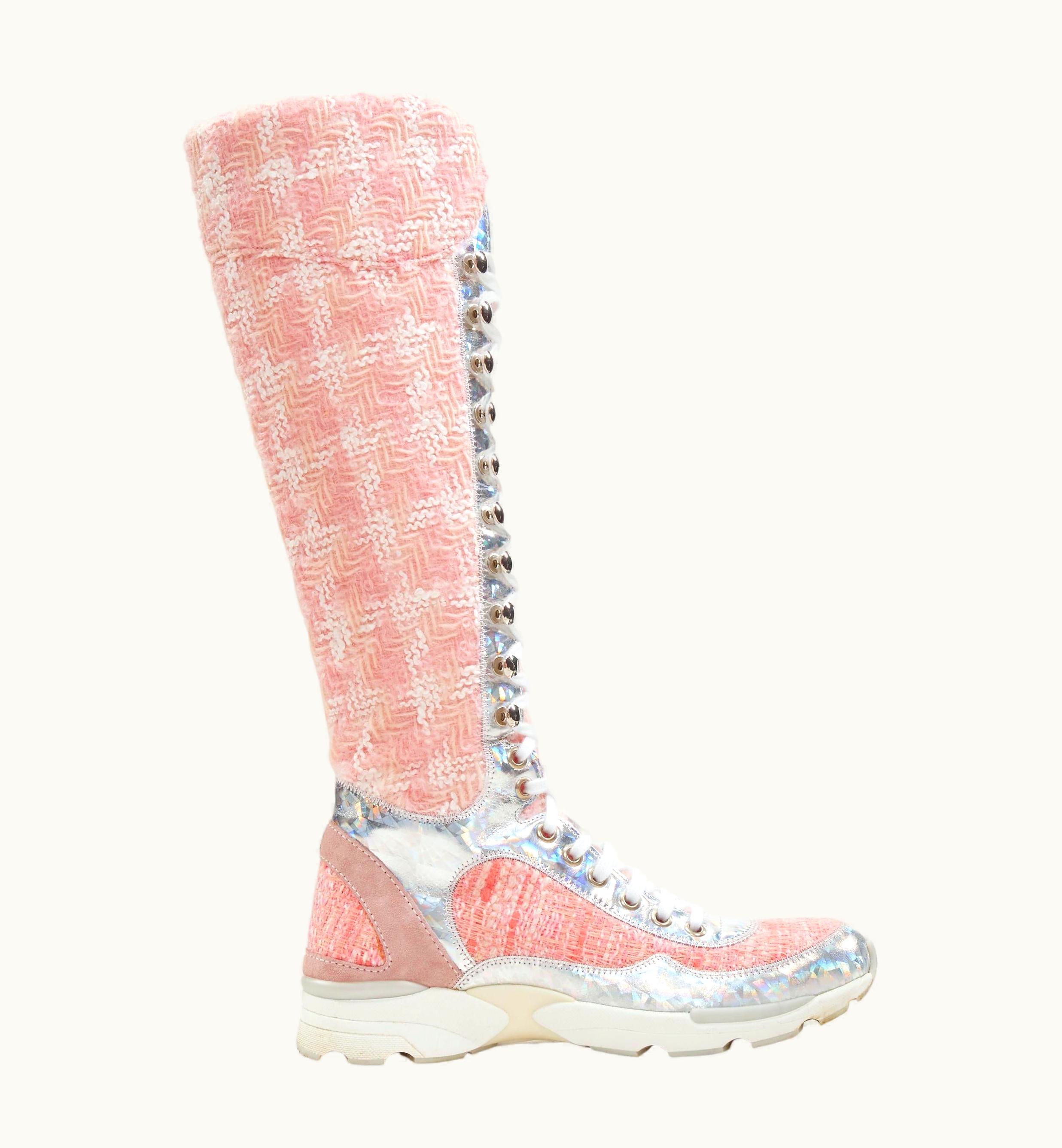 Chanel Rare Chanel 2014 Runway Pink Tweed Iridescent Silver Lace Up Sneaker Boot