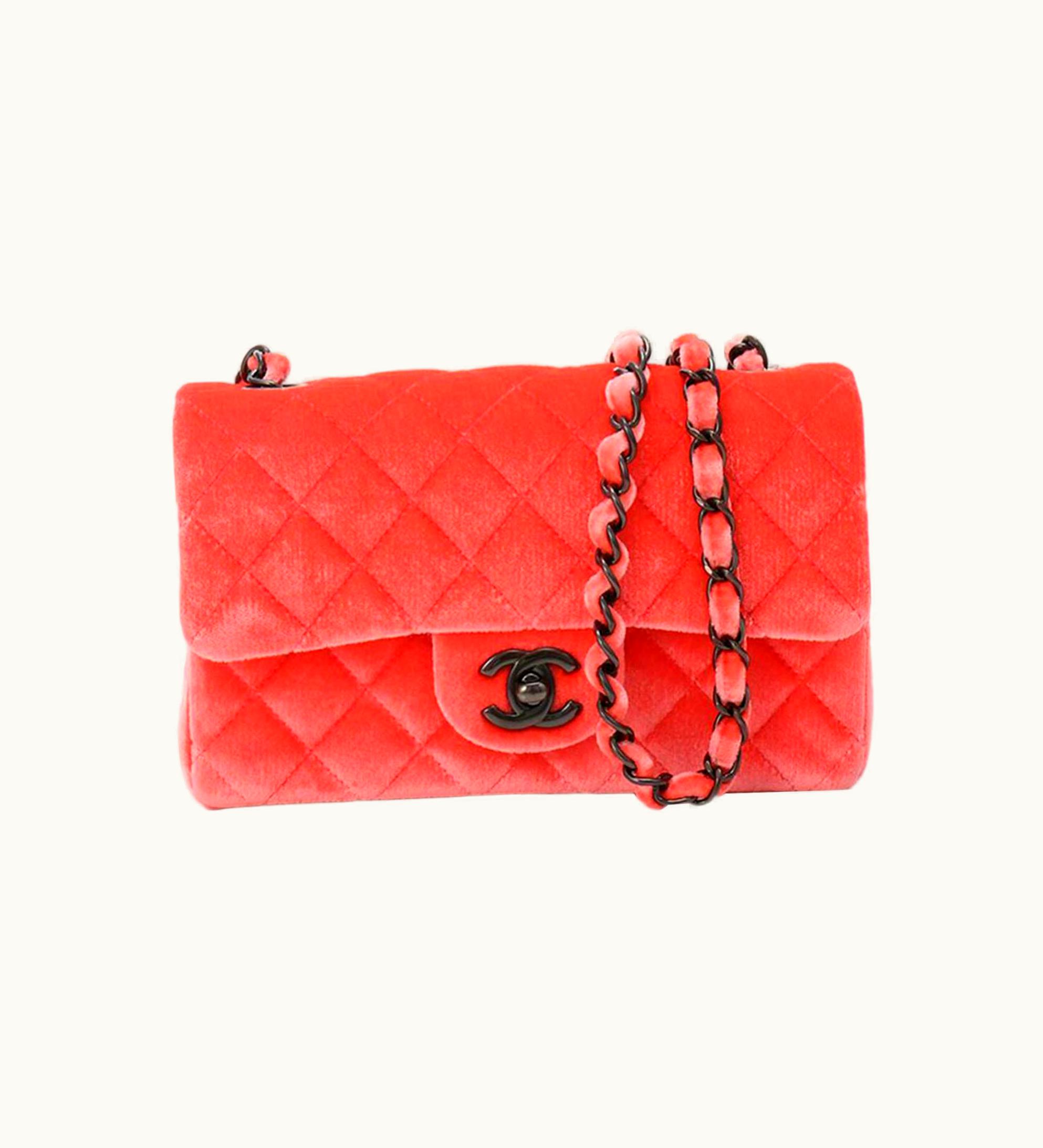 Chanel Chanel 2014 Coral Velvet Small Medium So Black Cc Classic Flap