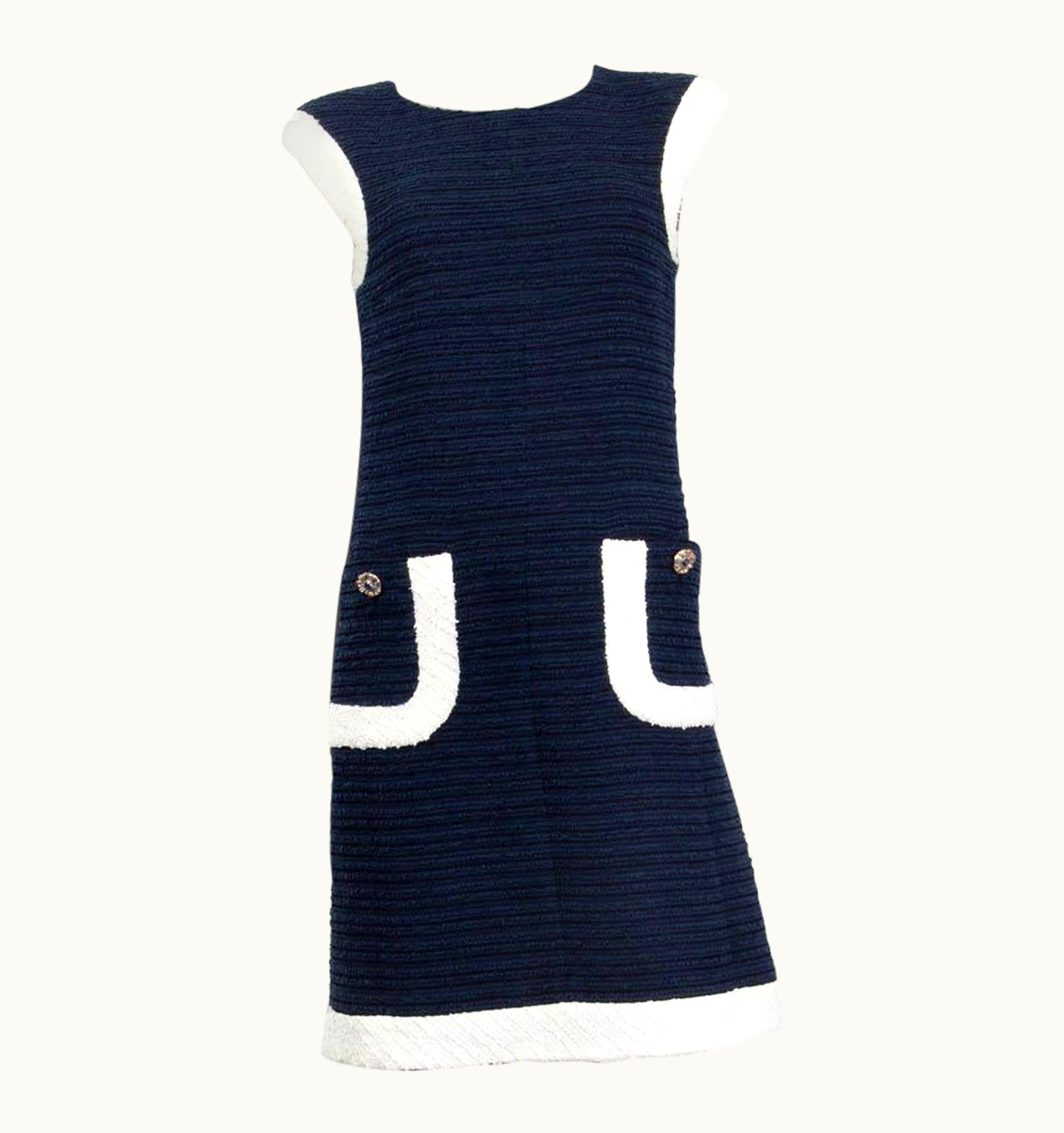 Chanel Chanel Navy Blue & White Cotton 2014 Sleeveless Tweed Dress