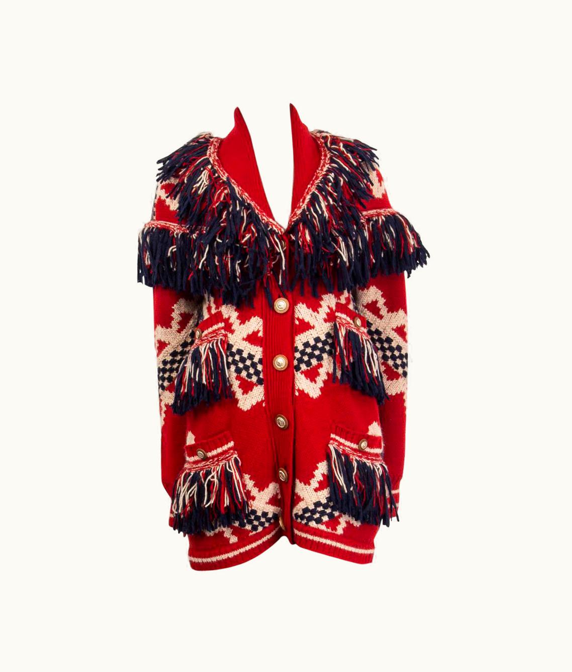 Chanel Chanel Red Wool & Mohair 2014 Dallas Fringed Knit Jacket 14a