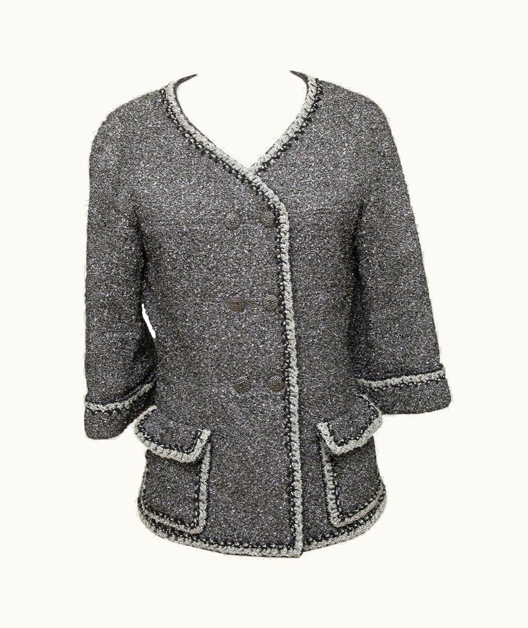 Chanel Chanel Tweed Jacket Coat Silver Metallic 3/4 Sleeve Double Breast 2014 14p