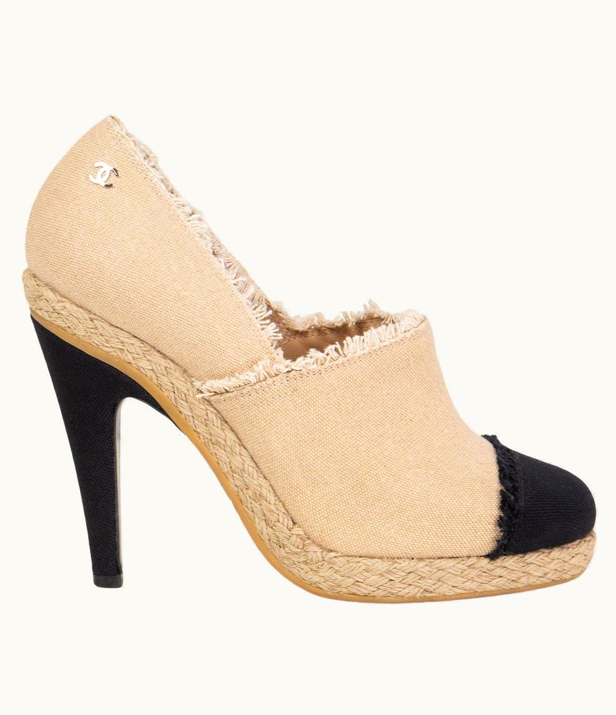 Chanel Chanel Beige & Black 2014 Frayed Canvas Espadrille Pumps Shoes