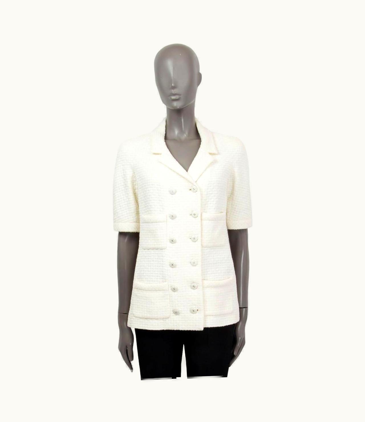 Chanel Chanel White Cotton 2014 14c Singapore Short Sleeve Double Breasted Jacket