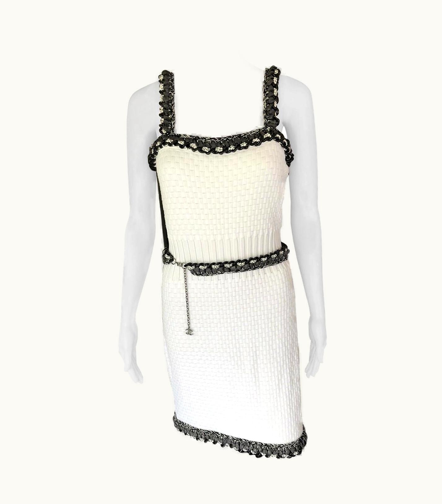 Chanel Chanel S/S 2014 Runway Knit Chain Embellished Trim White Mini Dress