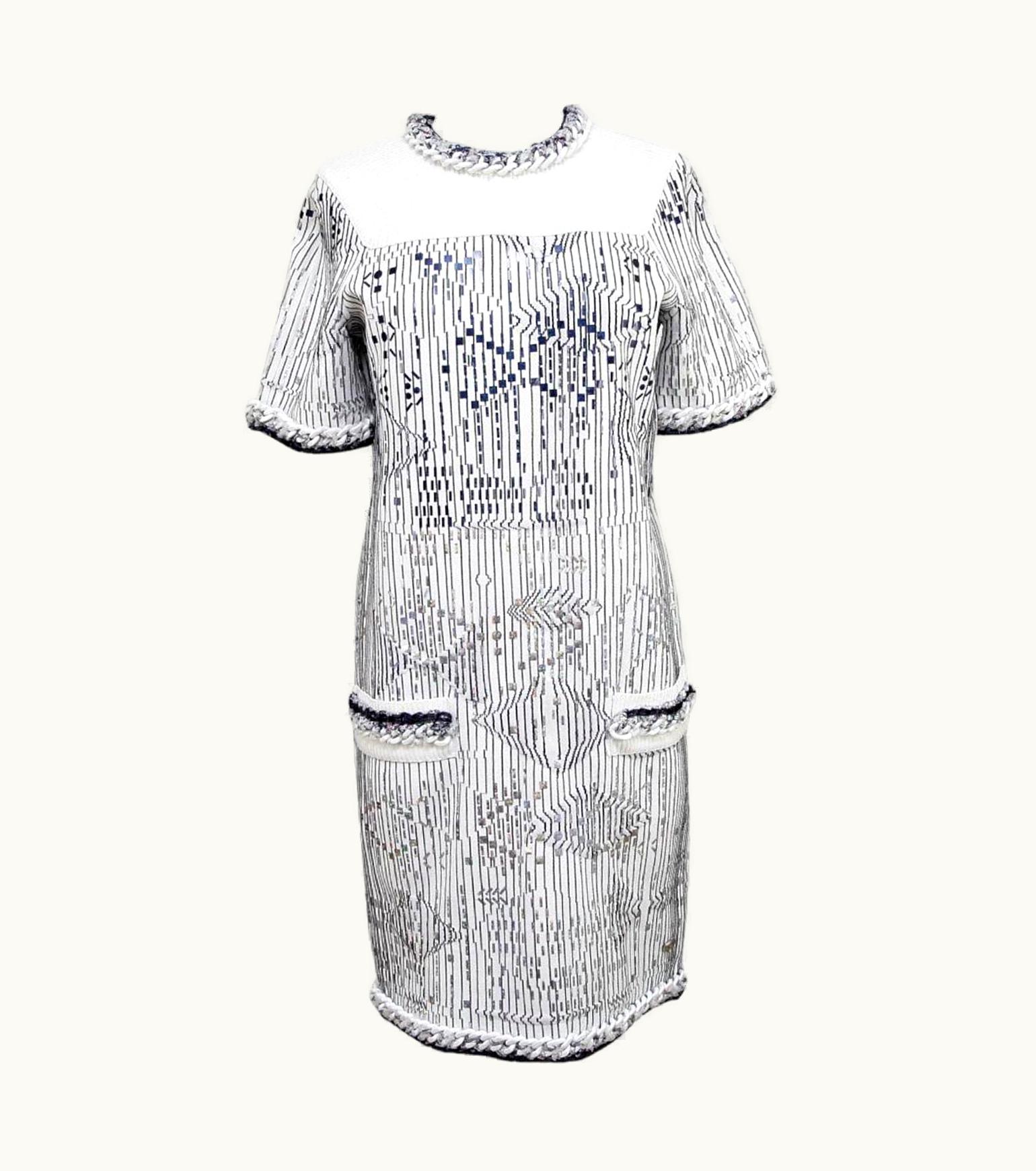 Chanel Chanel Sweater Dress White Knit Metallic Short Sleeve Silver Blue 14s