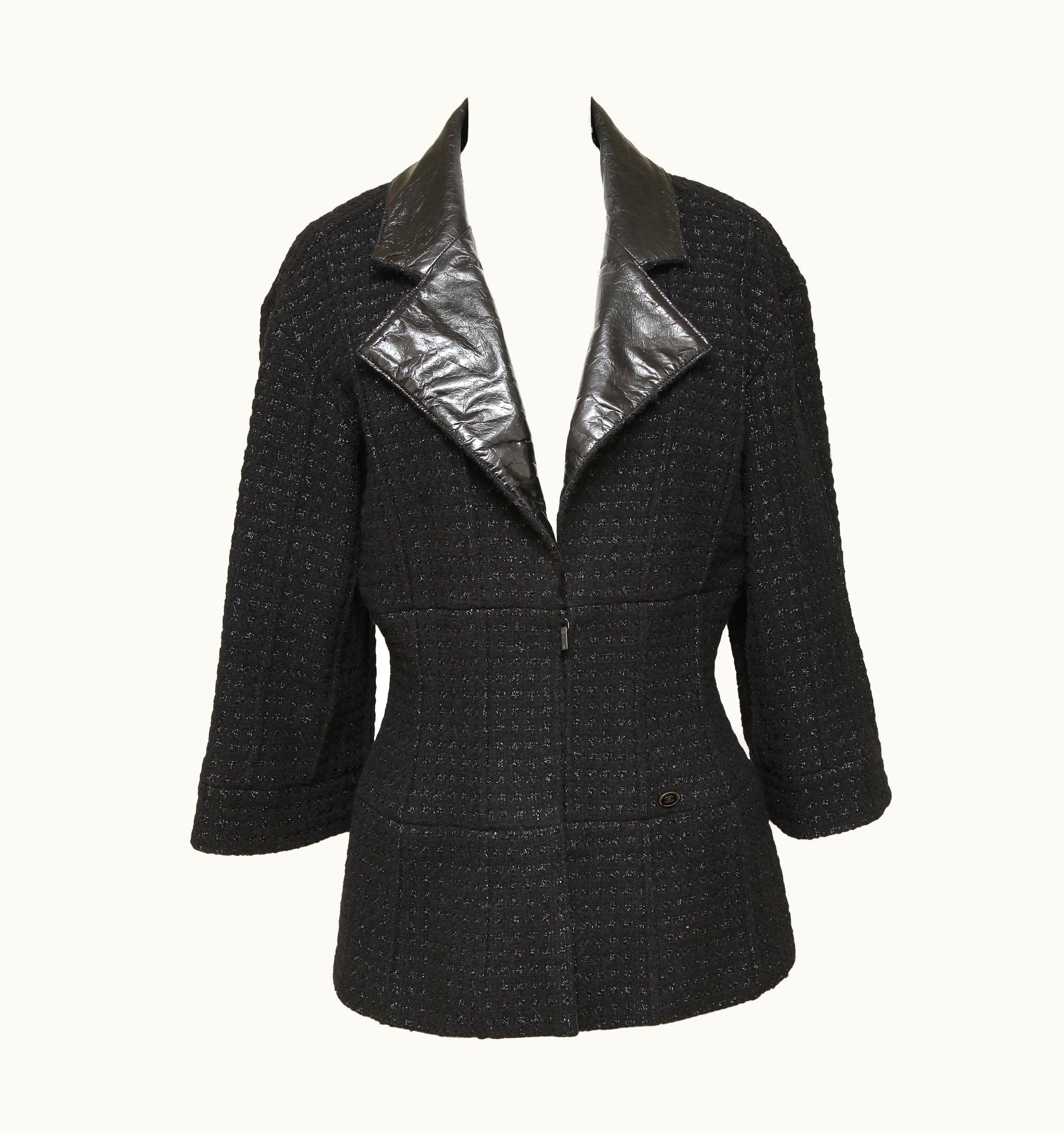 Chanel Chanel Jacket Blazer Coat Tweed Black MetaIlic Leather Silver Chain UZ0594801
