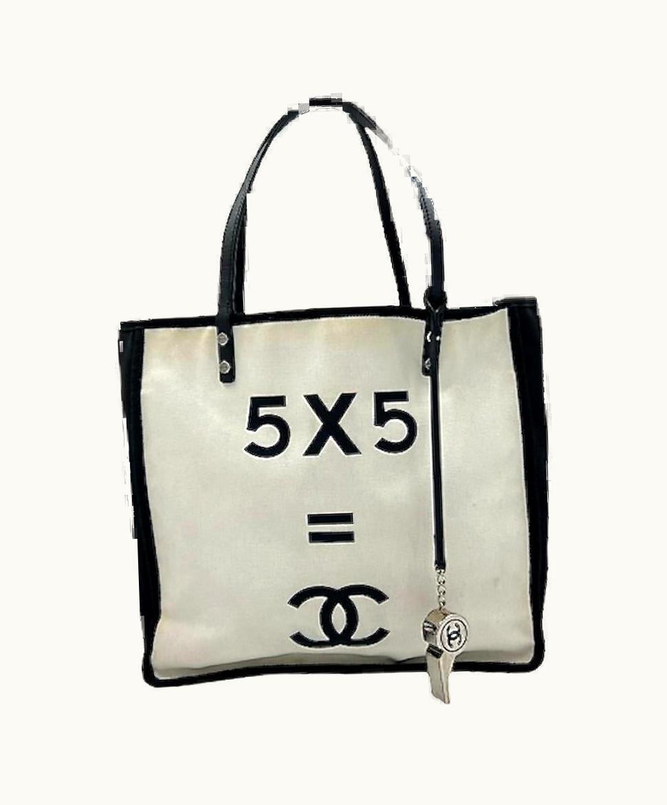 Chanel Chanel Tote Bag 5x5 With Whistle In White And Black Canvas