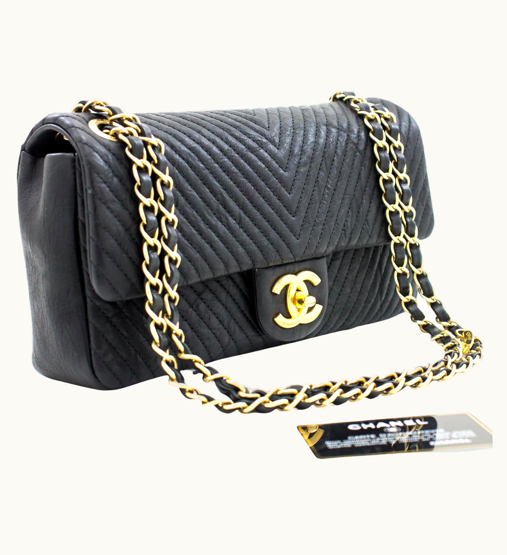 Chanel Glint Chanel 2015 Chevron V-Stitch Leather Chain Flap Shoulder Bag Black
