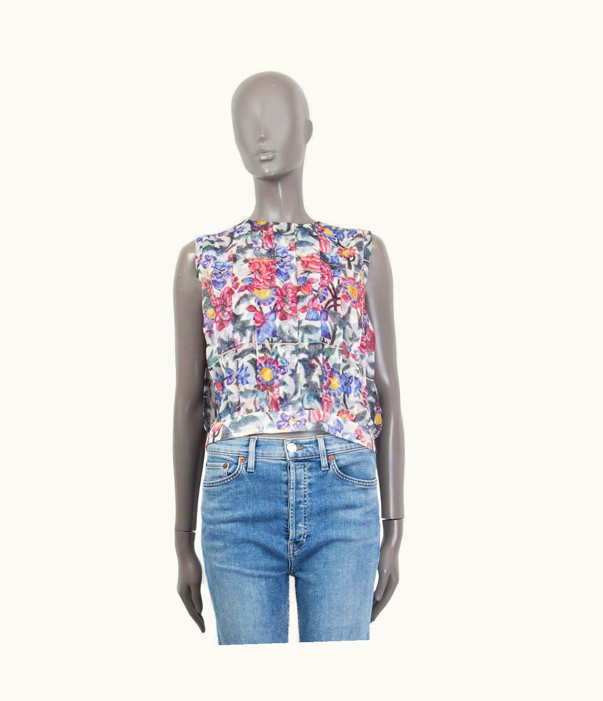 Chanel Chanel White & Multi 2015 Dubai Floral Pleated Sleeveless Blouse Shirt