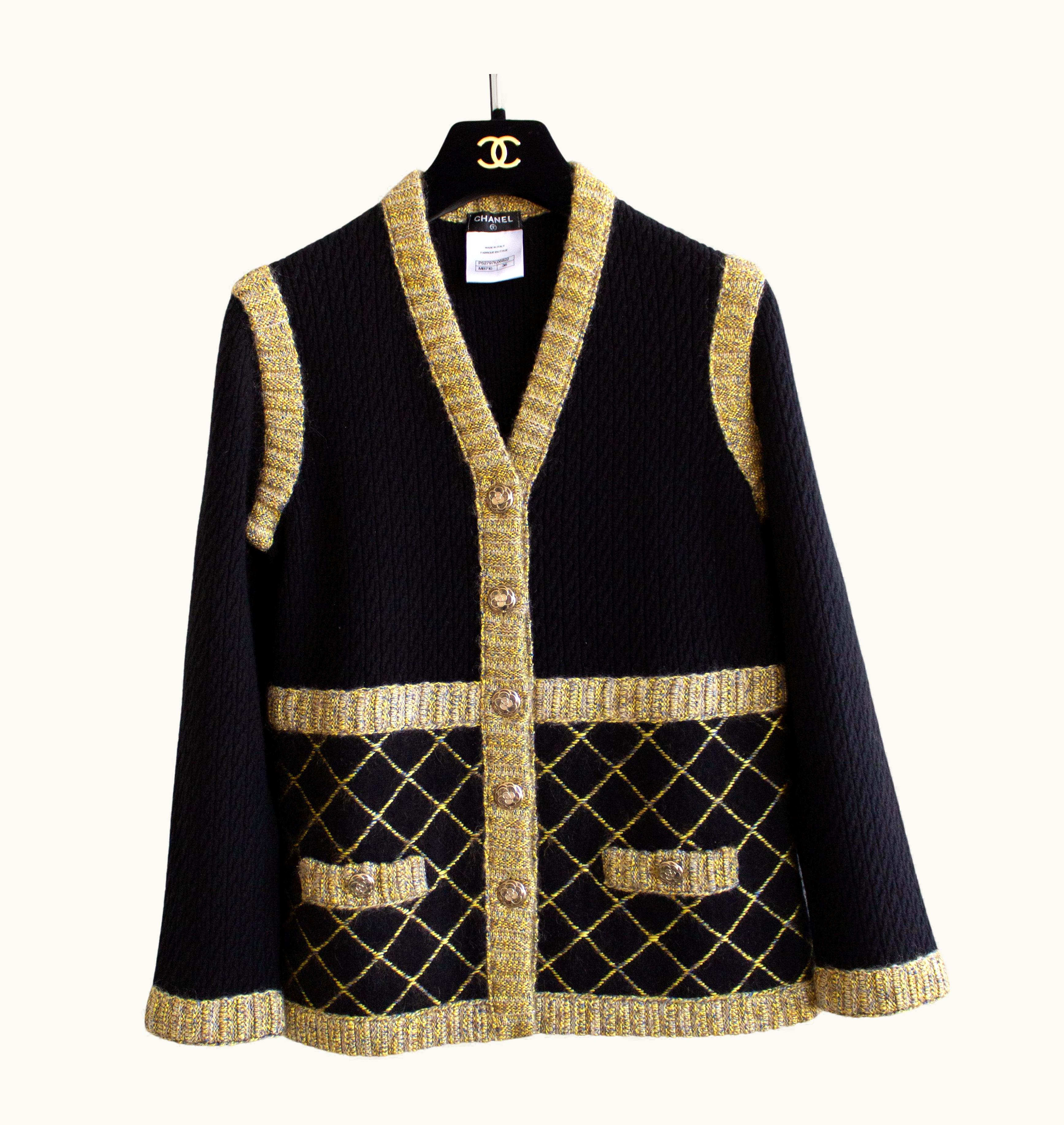 Chanel Chanel Fall/Winter 2015 Brasserie Black Gold Quilted Cashmere 15k Cardigan