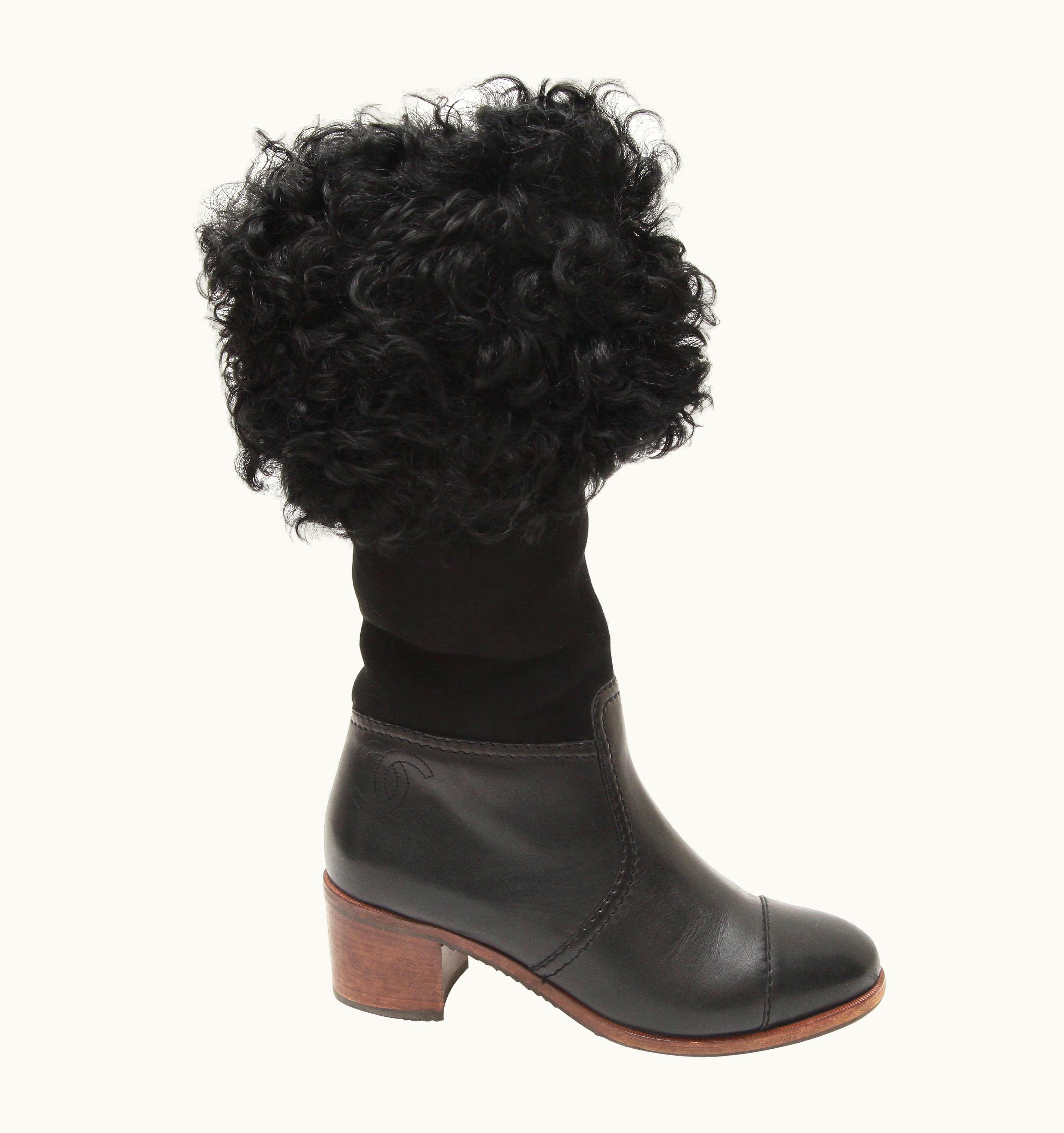 Chanel Chanel Black Suede Leather Mid-Calf Boots Fur Cc Cap Toe Block