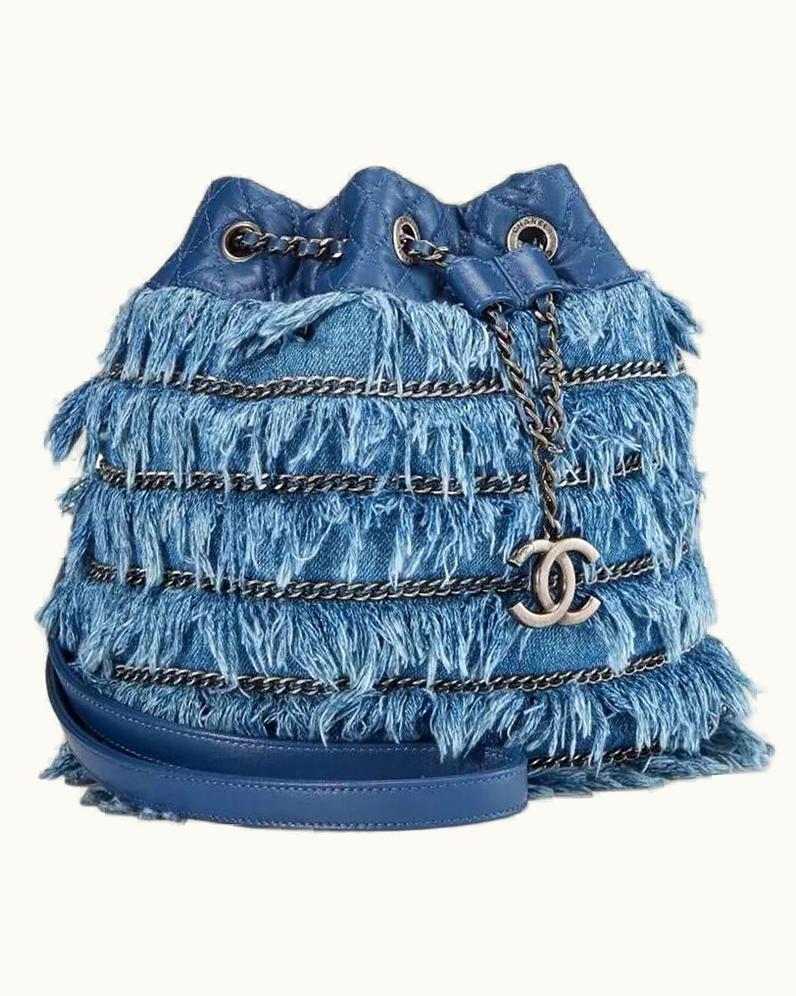 Chanel Chanel Drawstring Bucket Cruise 2015 Tweed Fringe & Lambskin Mini Blue Denim Bag UZ0594902