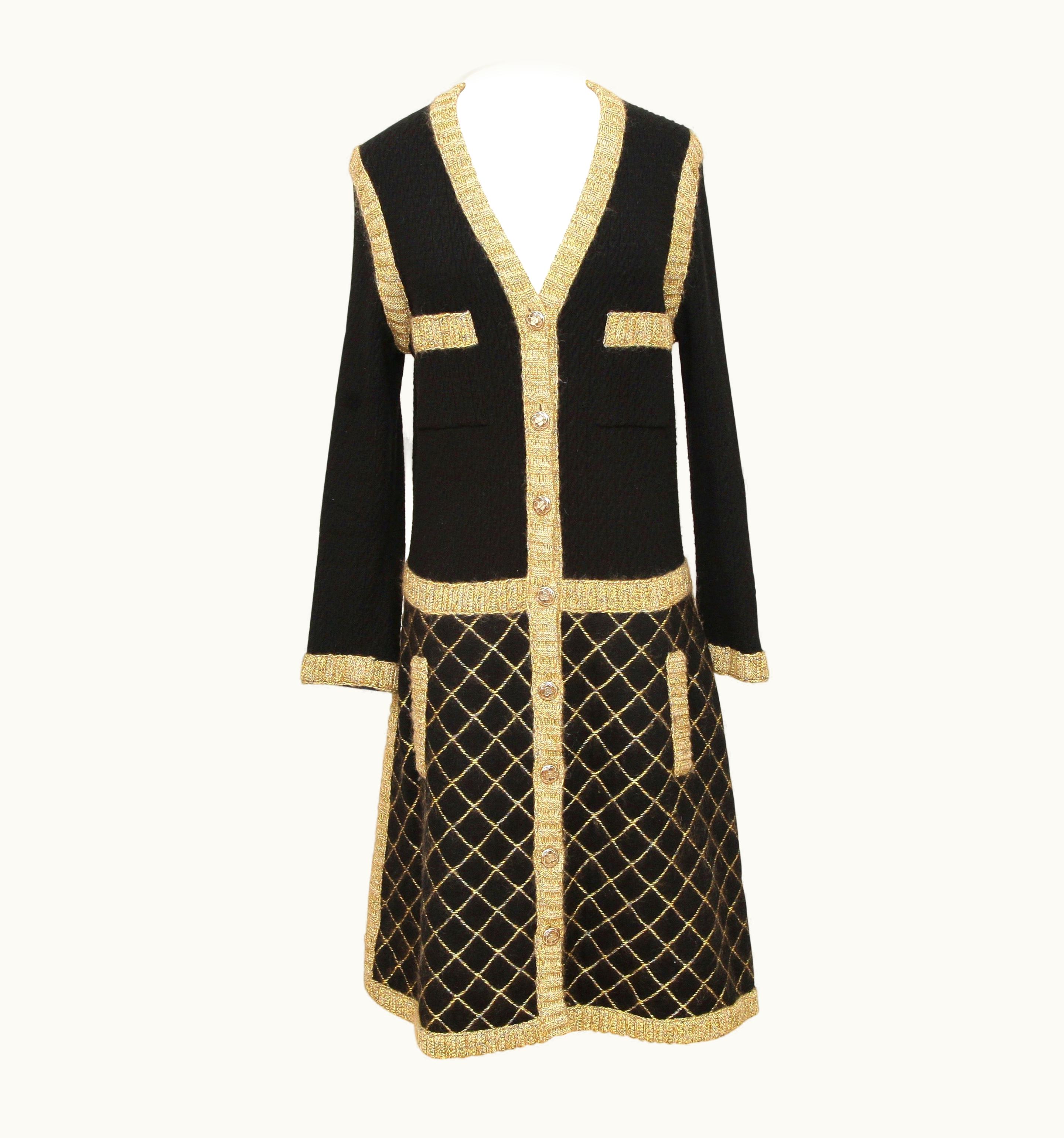 Chanel Chanel Dress Knit Sweater Black Gold Camellia Long Sleeve Cashmere 2015 UZ0594907