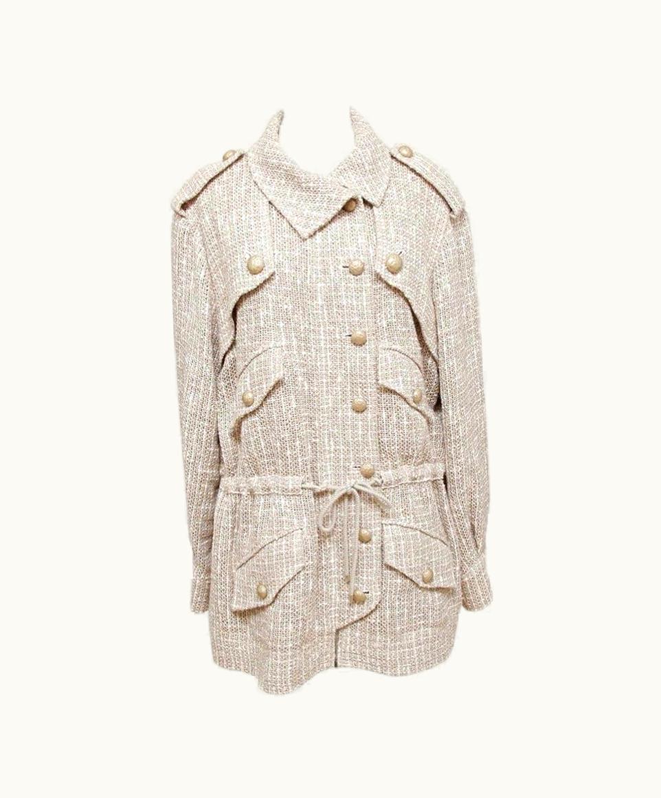 Chanel Chanel Blazer Tweed Jacket Tan White Zipper Buttons Long Sleeve 44 Spring 2015