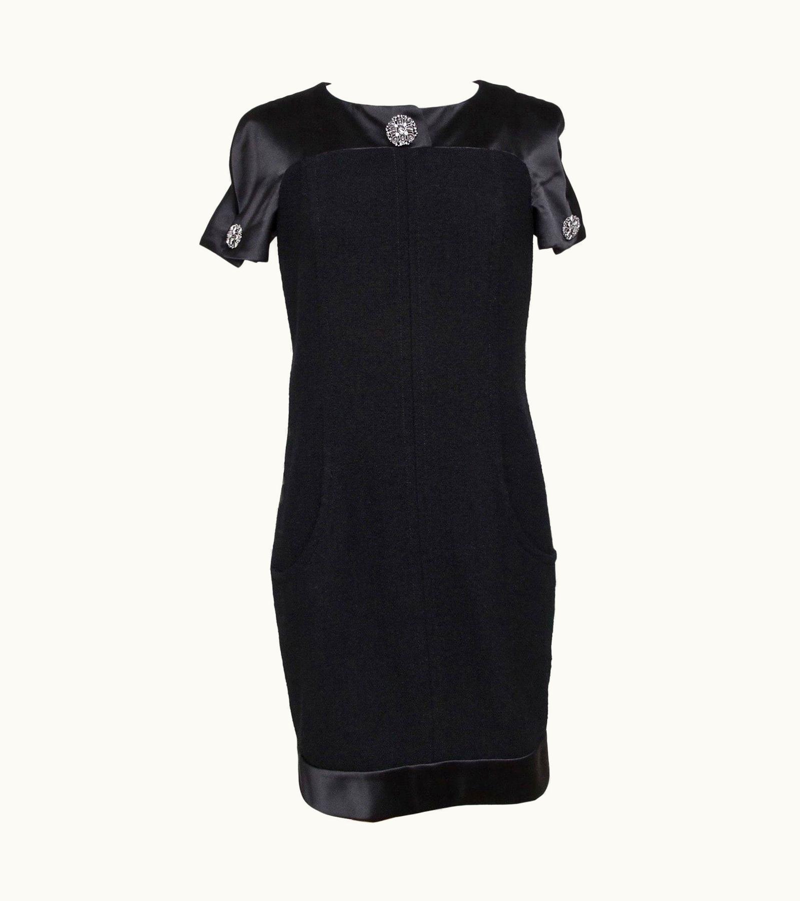 Chanel Chanel Black Dress Wool Blend Satin Shift Cap Sleeve Gripoix 2015