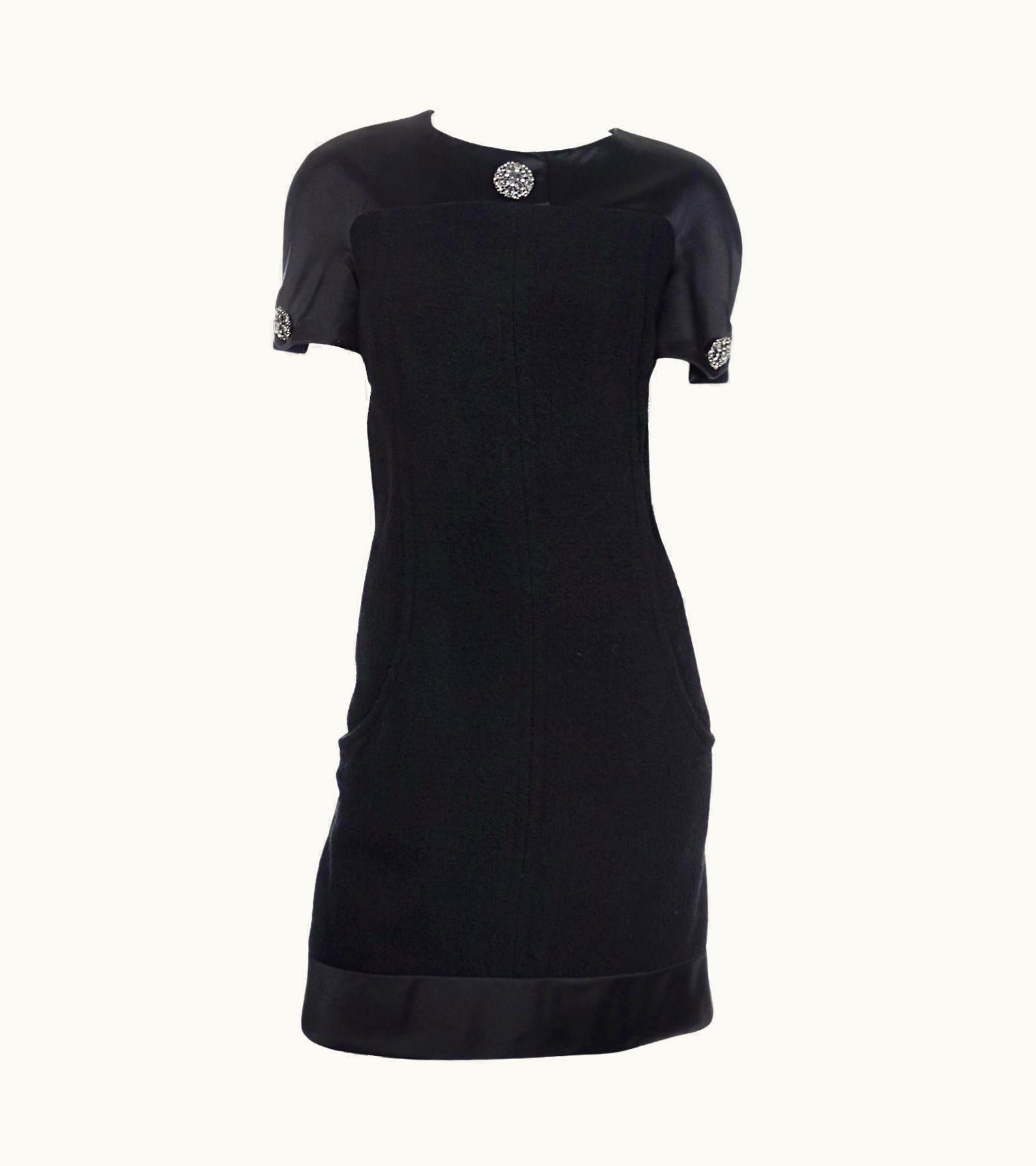 Chanel Chanel Fall 2015 Black Wool Boucle And Silk Short Sleeve Dress W Gripoix Buttons