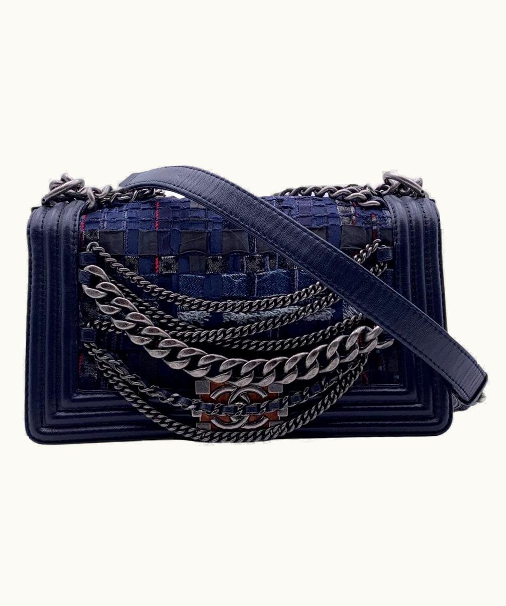 Chanel Chanel Blue Tweed And Leather Enchained Medium Boy Shouder Bag