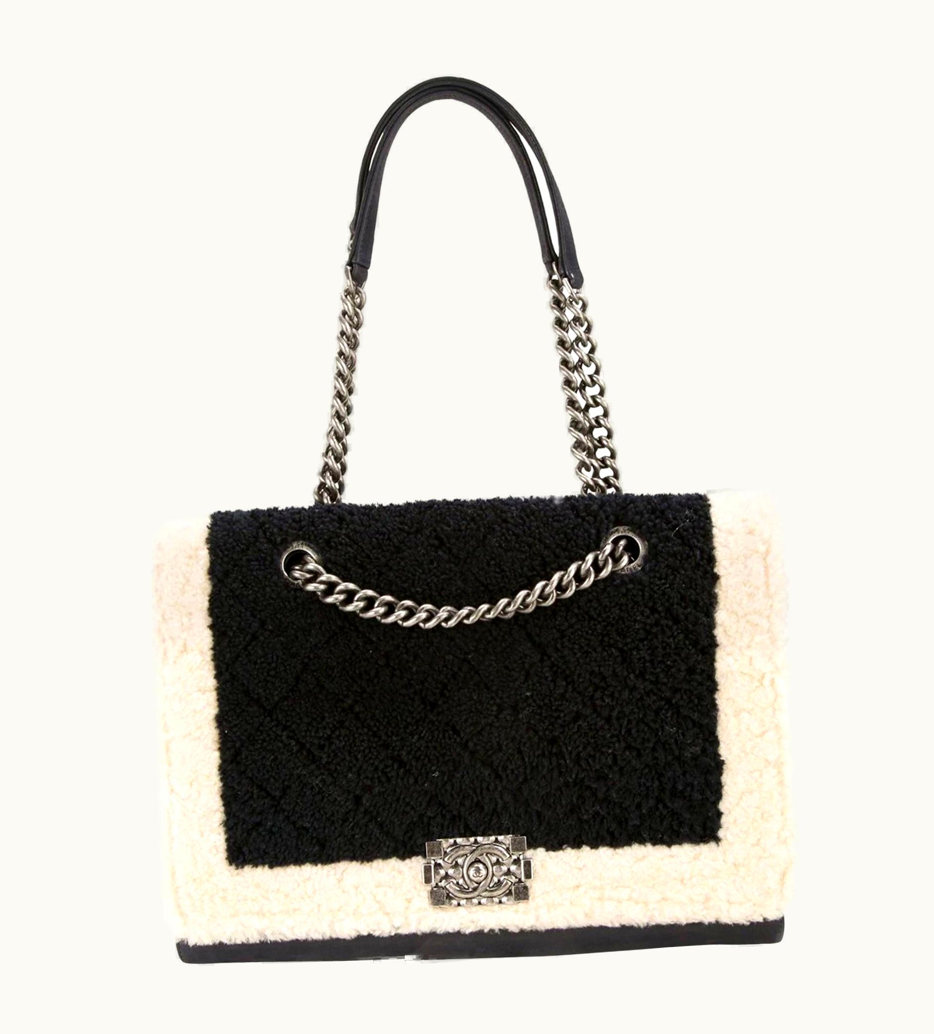 Chanel Chanel Two Tone Black And Ivory Plush Shearling Large Boy Bag Shopping Tote