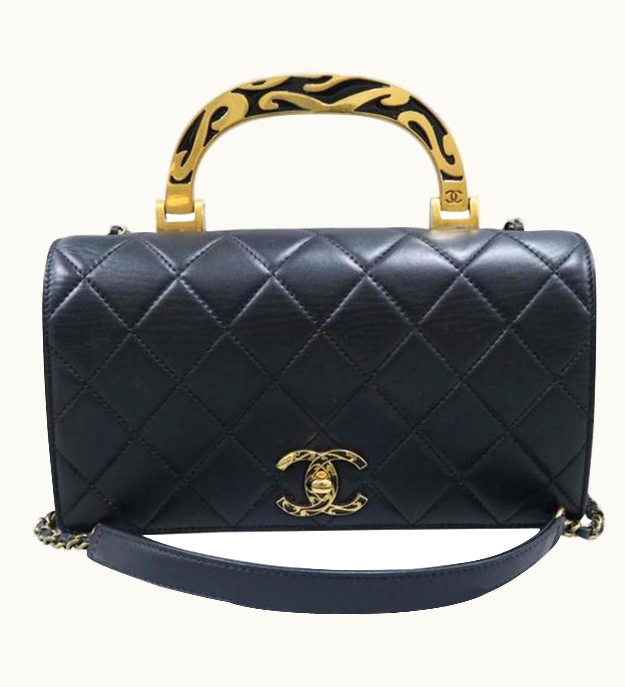 Chanel Chanel Bag With Classic Flap Crossbody Rare Enamel Top Handle Black Lambskin Bag