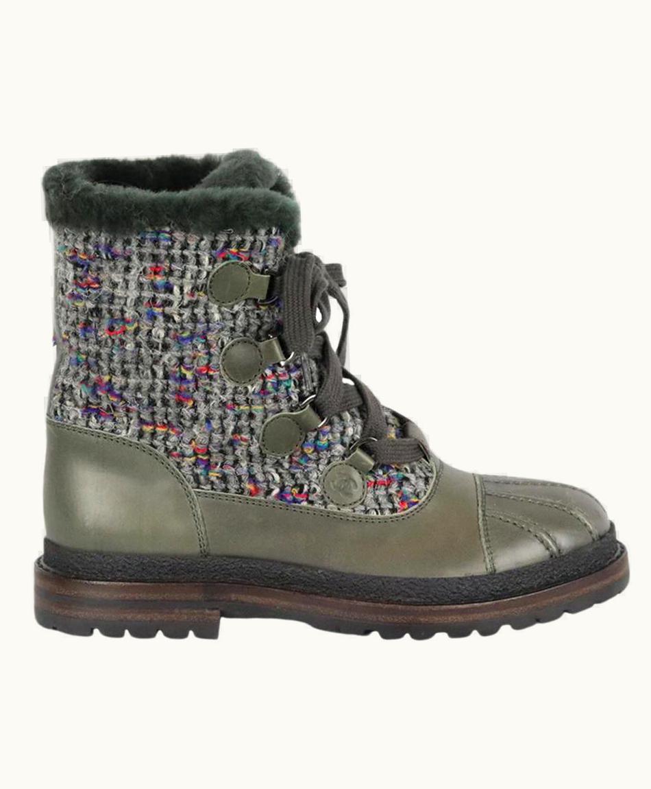 Chanel Chanel 2016 Shearling Lined Tweed And Leather Ankle Boots Eu 37.5 .5  UZ0594976