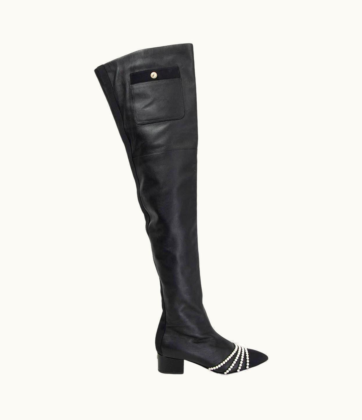 Chanel Chanel Black Leather 2016 Rome Pearl Over Knee Boots Shoes 38.5 16a
