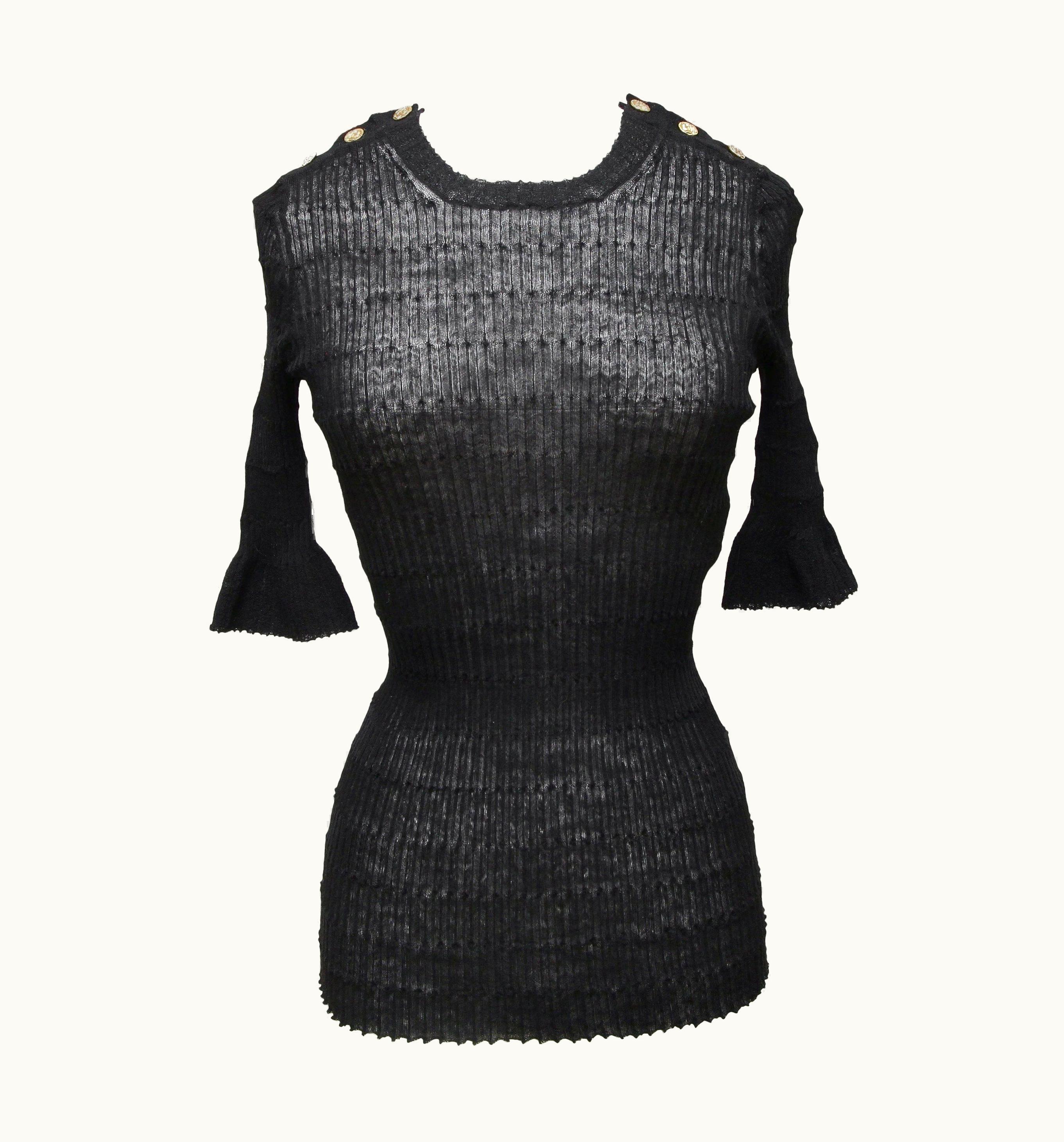 Chanel Chanel Black Sweater Top Knit Short Sleeve Cc Gold-Tone Logo Buttons 2016 UZ0594984