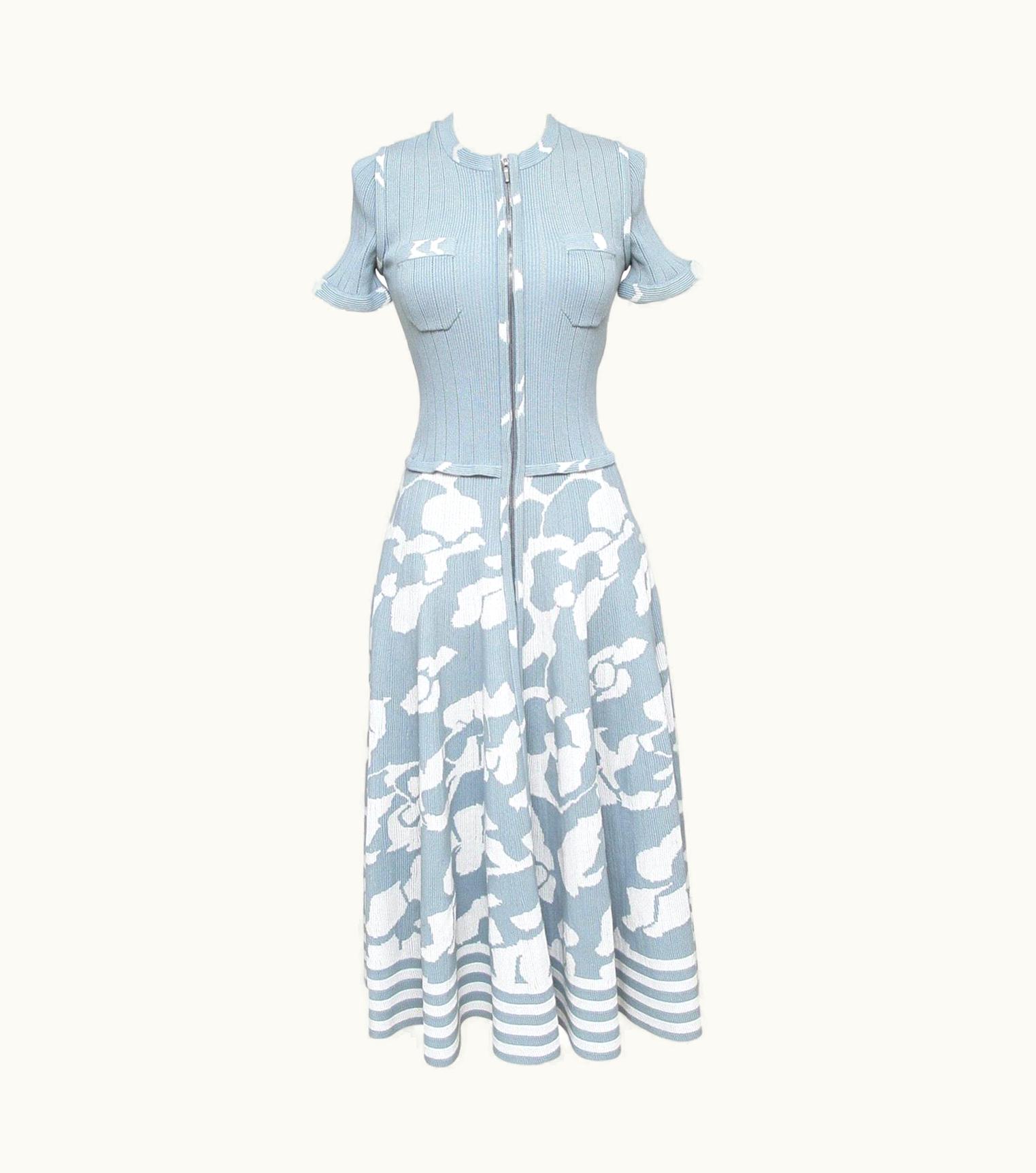 Chanel Chanel Knit Dress Midi Short Sleeve Blue White Zipper Crew Neck 2016 UZ0594985