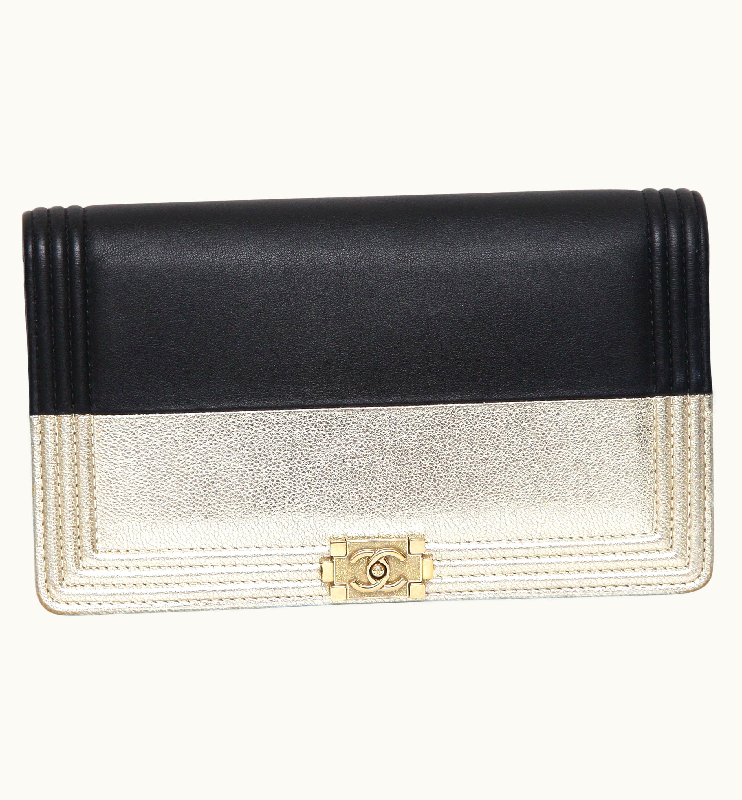 Chanel Chanel Black Gold Leather Boy Yen Wallet Cc Long Bills Cards Coins Bi-Fold