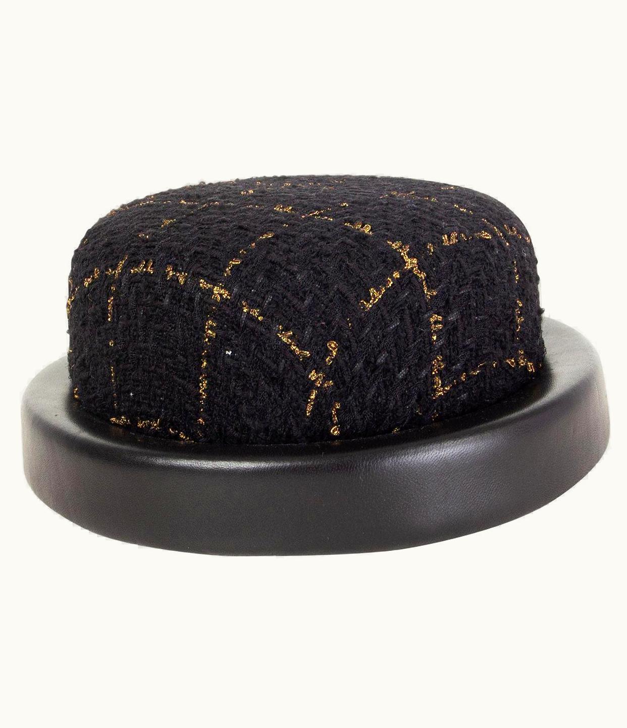 Chanel Chanel Black & Gold 2016 Leather Trim Tweed Riding Hat