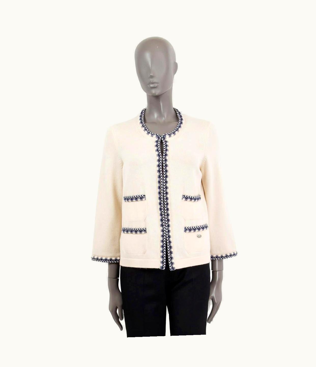 Chanel Chanel Ivory & Blue Cashmere 2016 16c Seoul Contrast Trim Cardigan Sweater