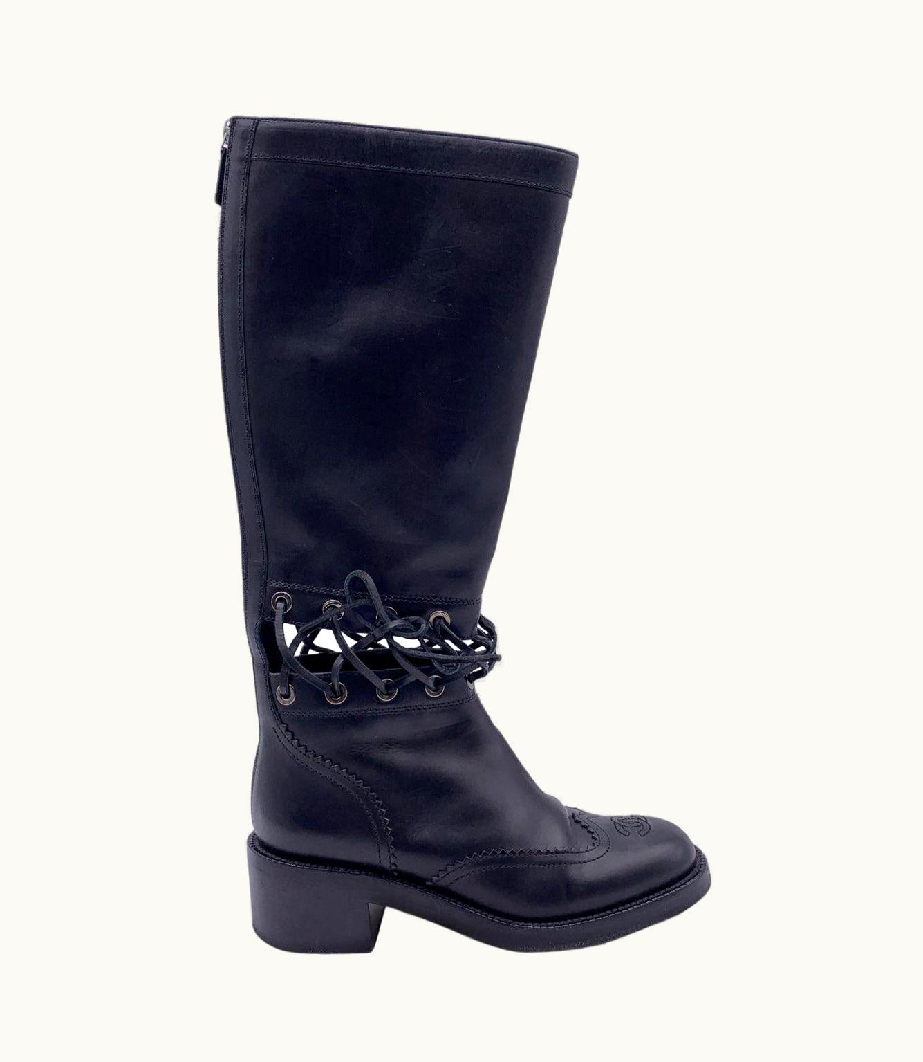Chanel Chanel Black Leather 2016 Lace-Up Cutout Cc Knee High Boots