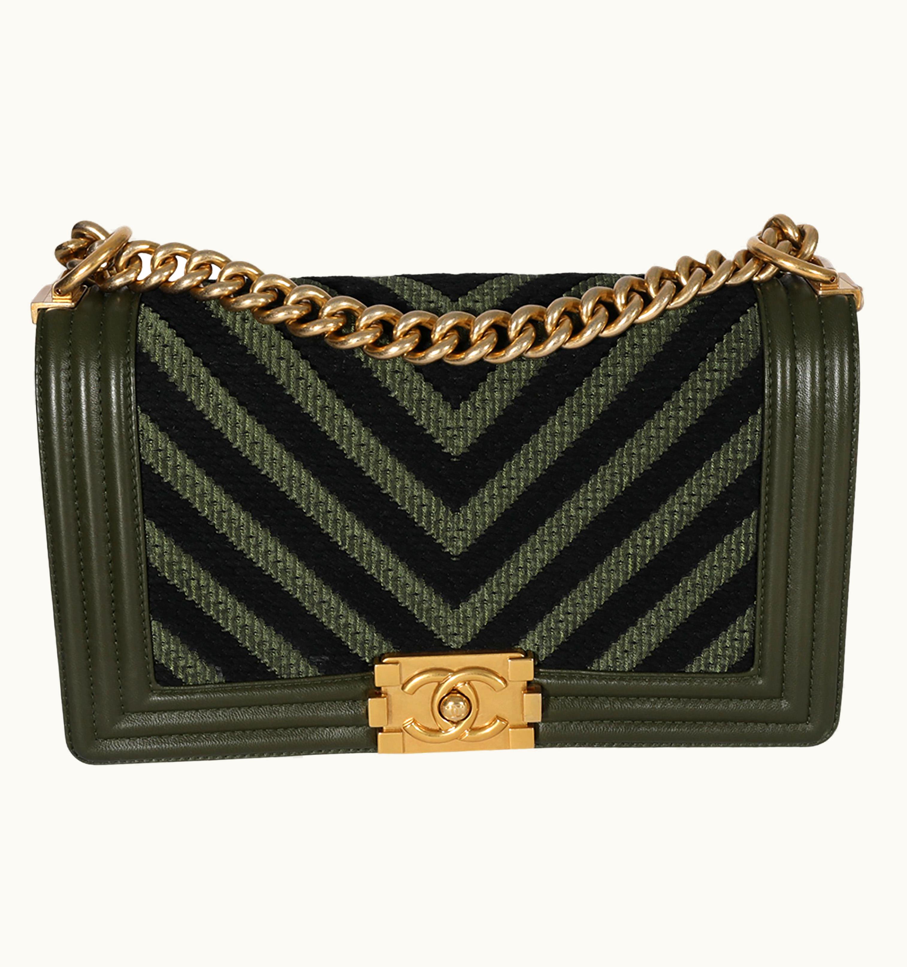 Chanel Chanel Khaki And Black Lambskin Braided Chevron Medium Boy Bag UZ0595037