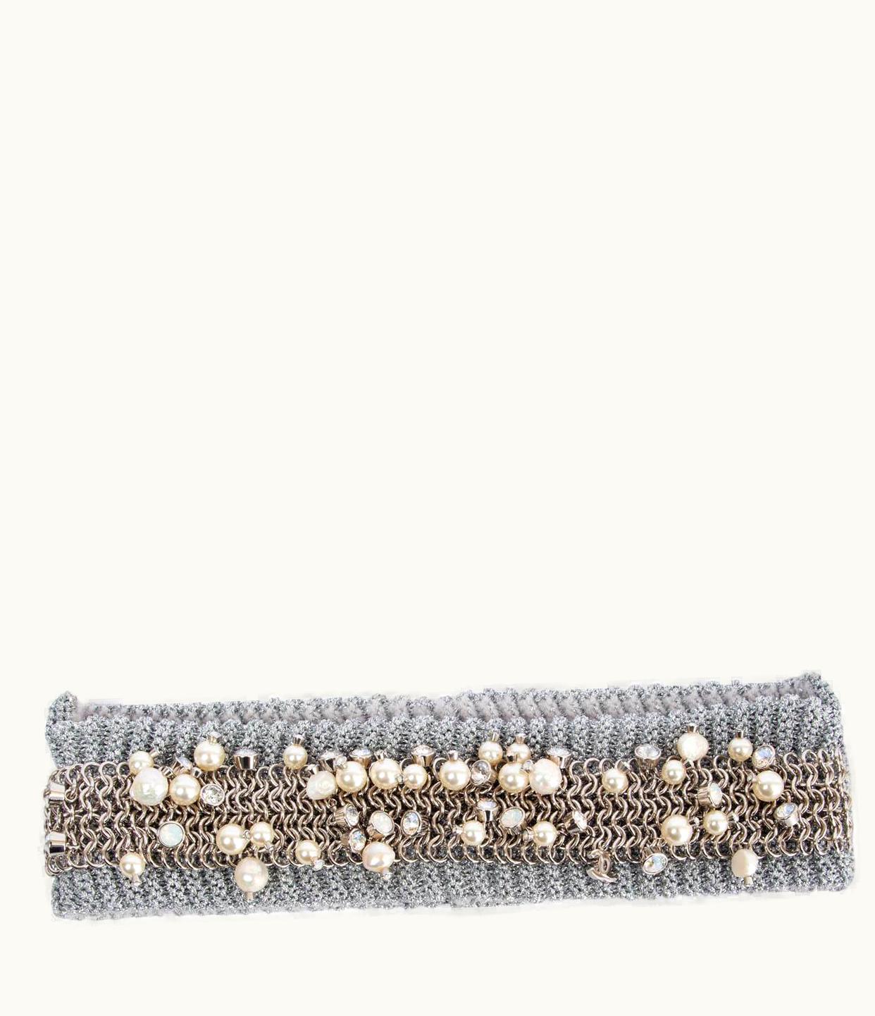 Chanel Chanel Grey Wool 2017 17k Pearl & Crstal Chainmail Headband Hat One Size