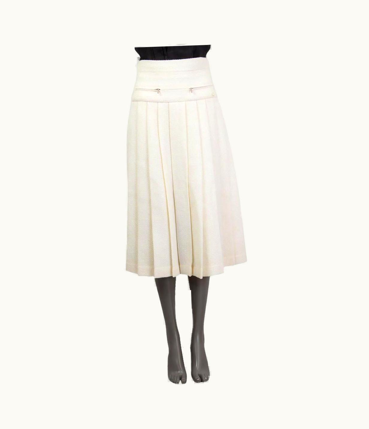 Chanel Chanel Ivory Wool 2017 Pleate Lurex High Waisted Midi Skirt