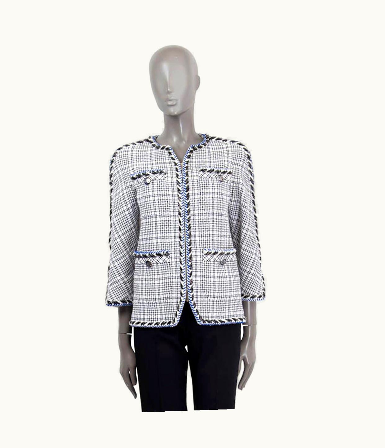 Chanel Chanel White Black Blue Cotton 2017 17p Braid Trim Tweed Jacket