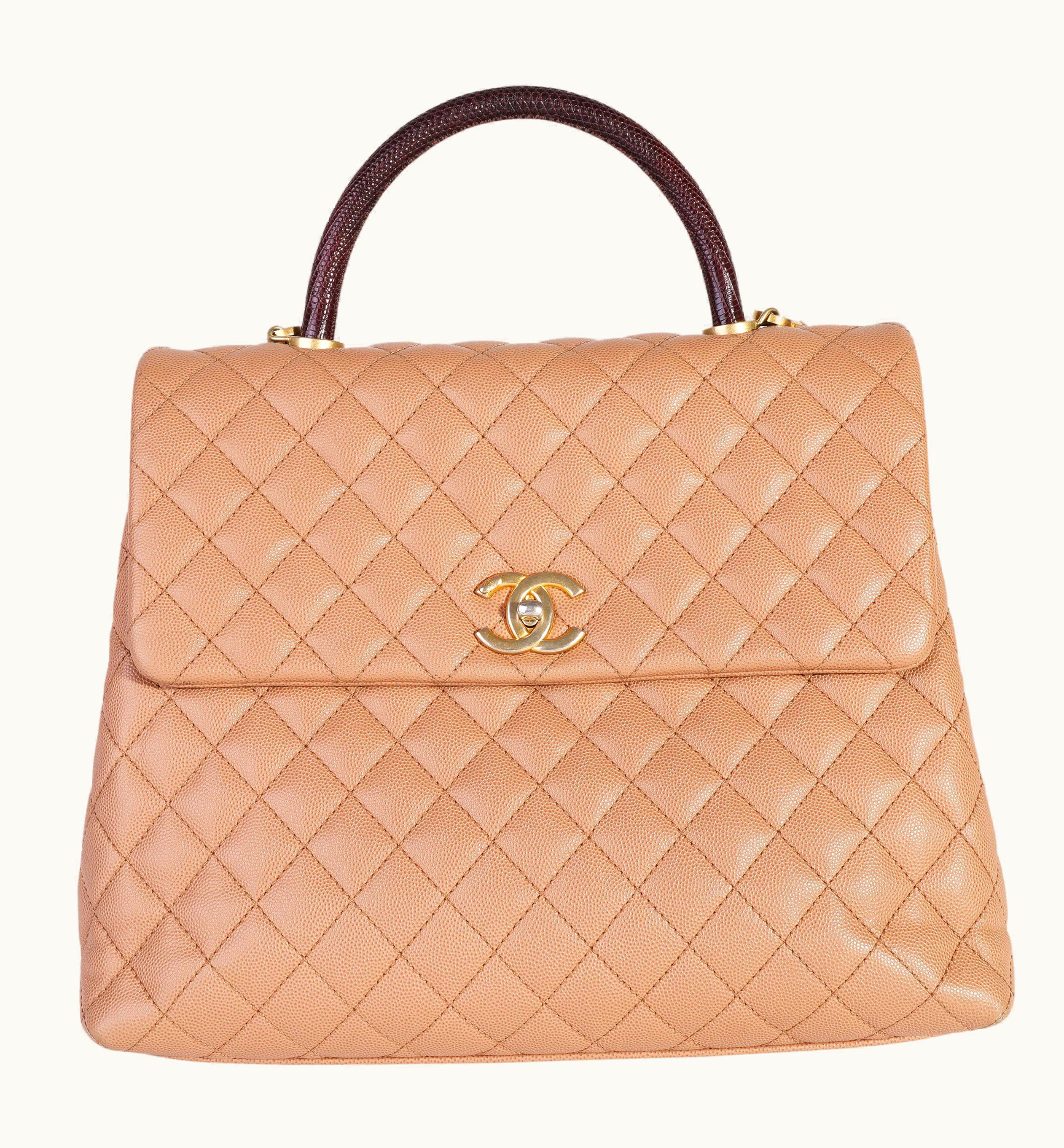 Chanel Chanel Coco Top Handle Large Crossbody Bag in Beige Caviar & Burgundy Lizard