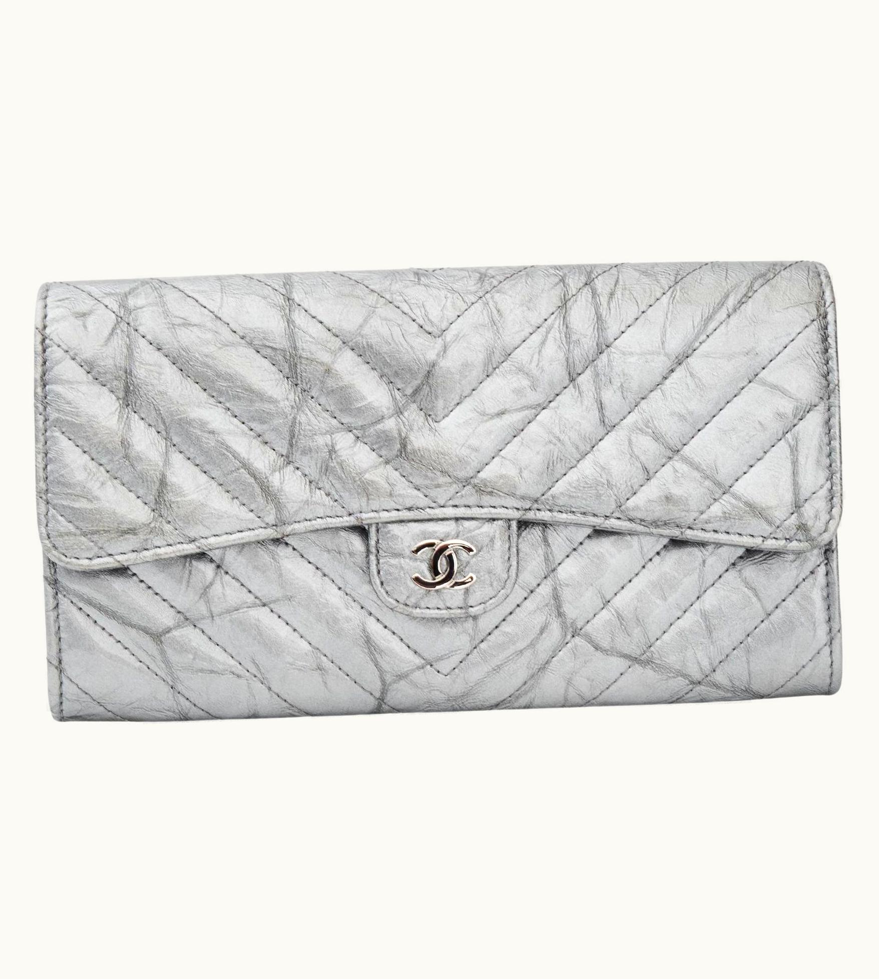 Chanel Chanel Silver Chevron Quilted Patent Leather Gusset Flap Wallet 2018