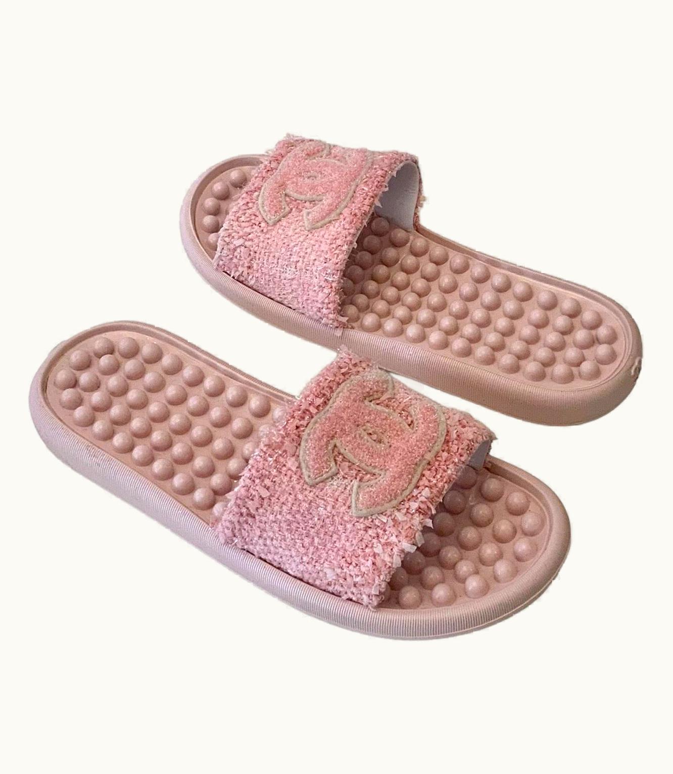 Chanel Chanel S/S Pink Tweed Cc Pool Beach Slides Sandals