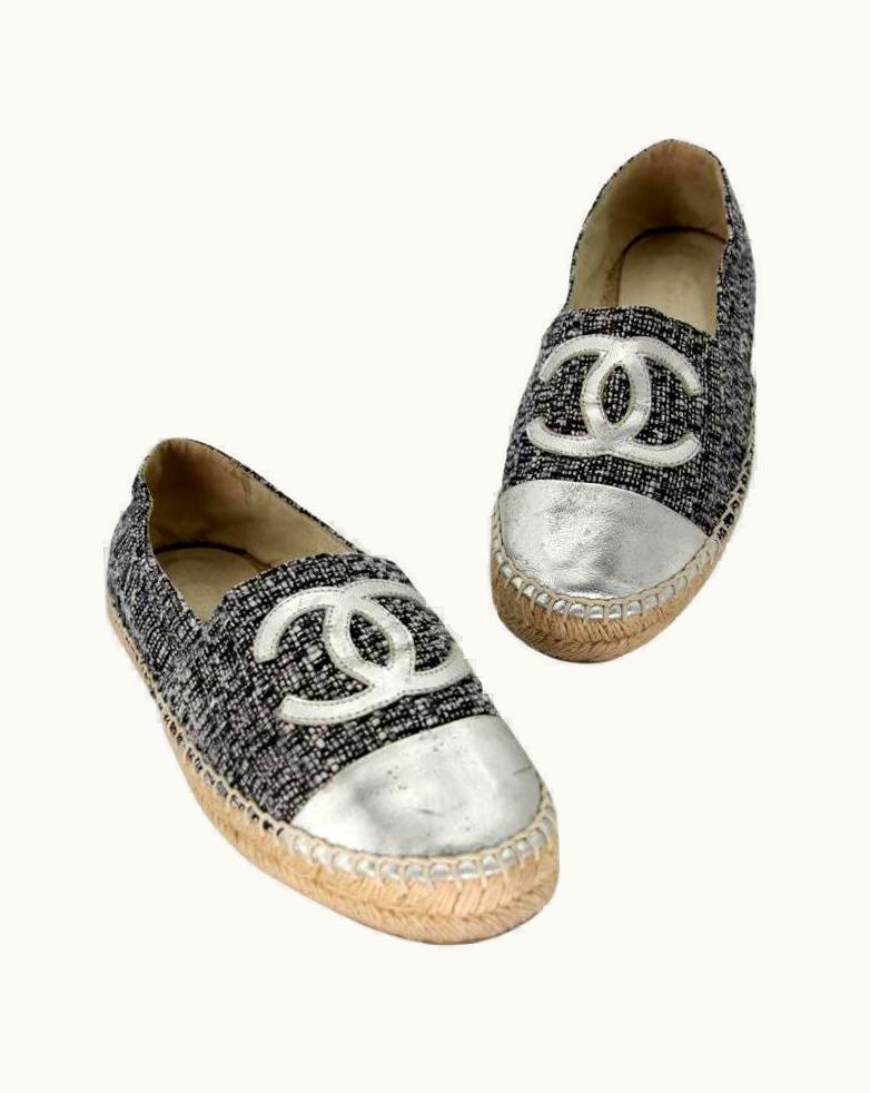 Chanel Chanel Espadrille 39 Tweed Canvas Leather Cc Cap-Toe Flats Cc-0402n-0100