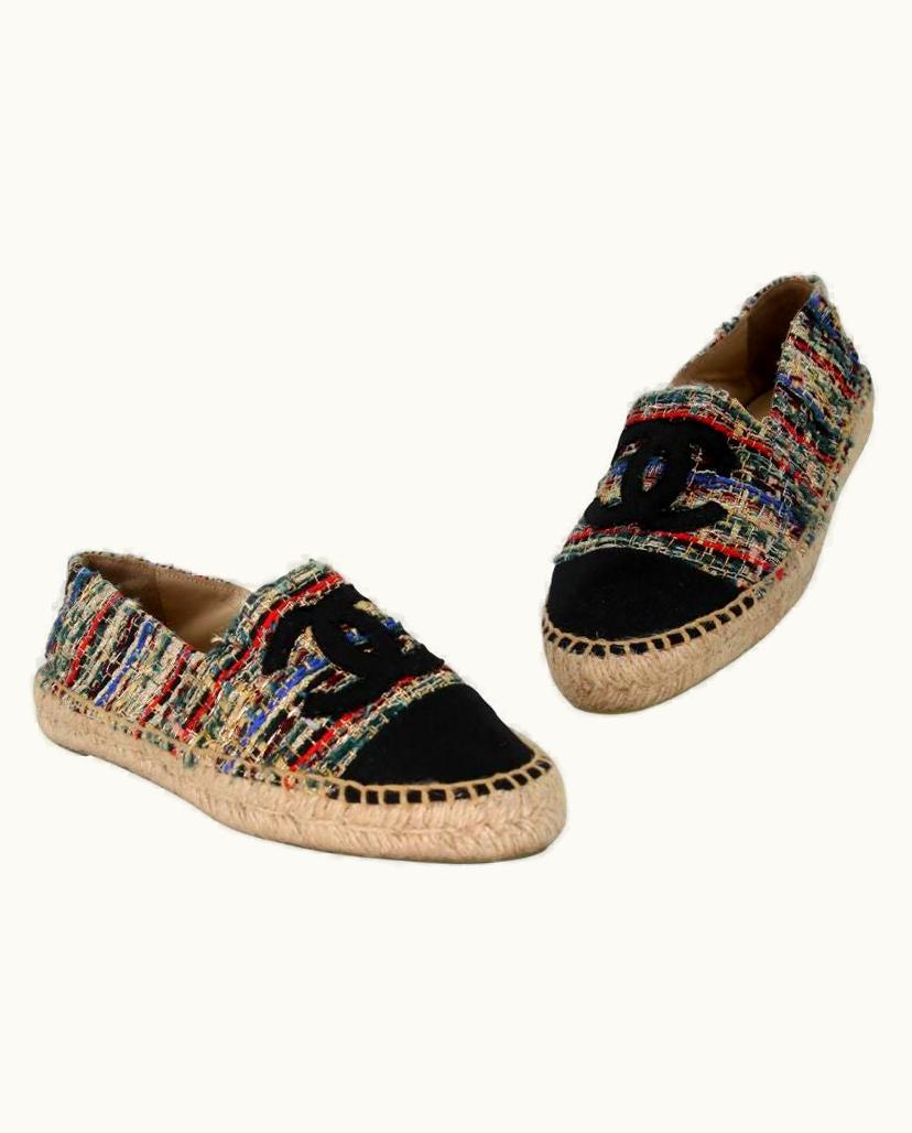 Chanel Espadrille 37 Tweed Canvas Leather Cc Cap-Toe Flats Cc-0602n-0003