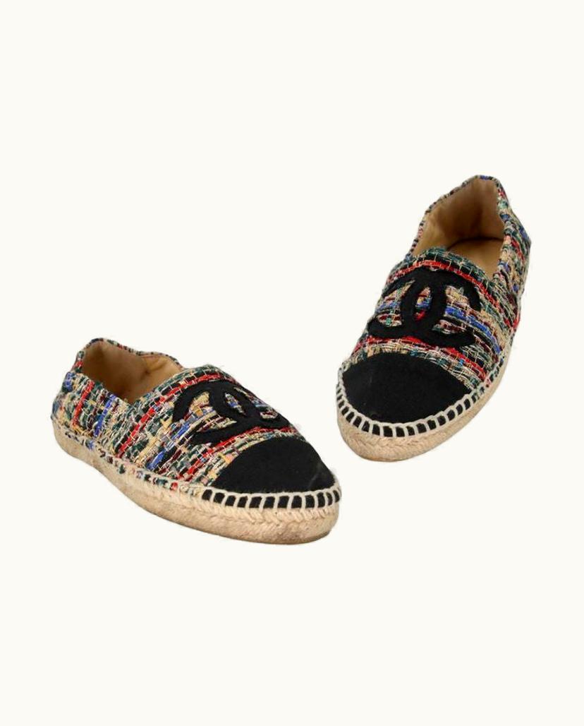 Chanel Espadrille 38 Tweed Canvas Leather Cc Cap-Toe Flats Cc-0602n-0005