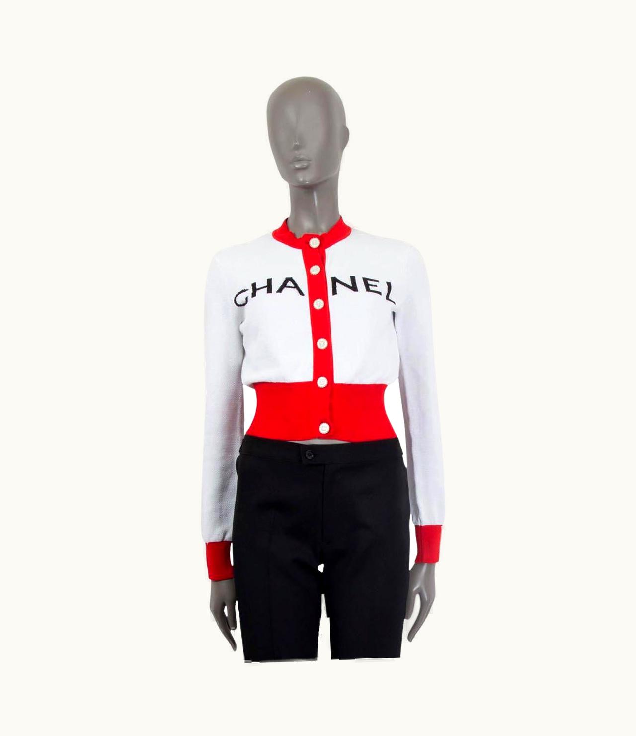 Chanel Chanel Red White Cotton 2019 Iconic Logo Cropped Cardigan Sweater