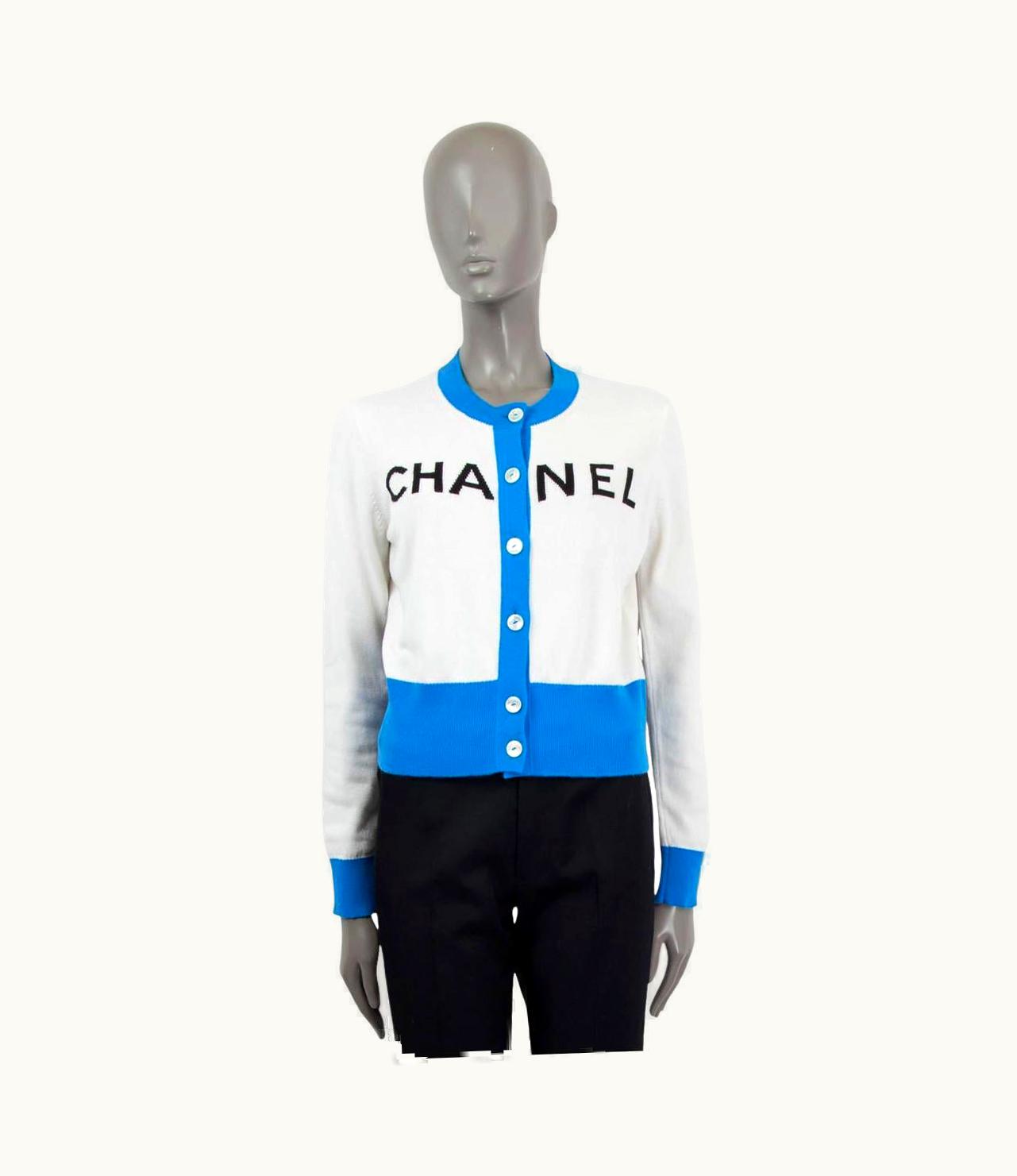 Chanel Chanel White & Blue Cashmere 2019 19s Iconic Logo Cardigan Sweater