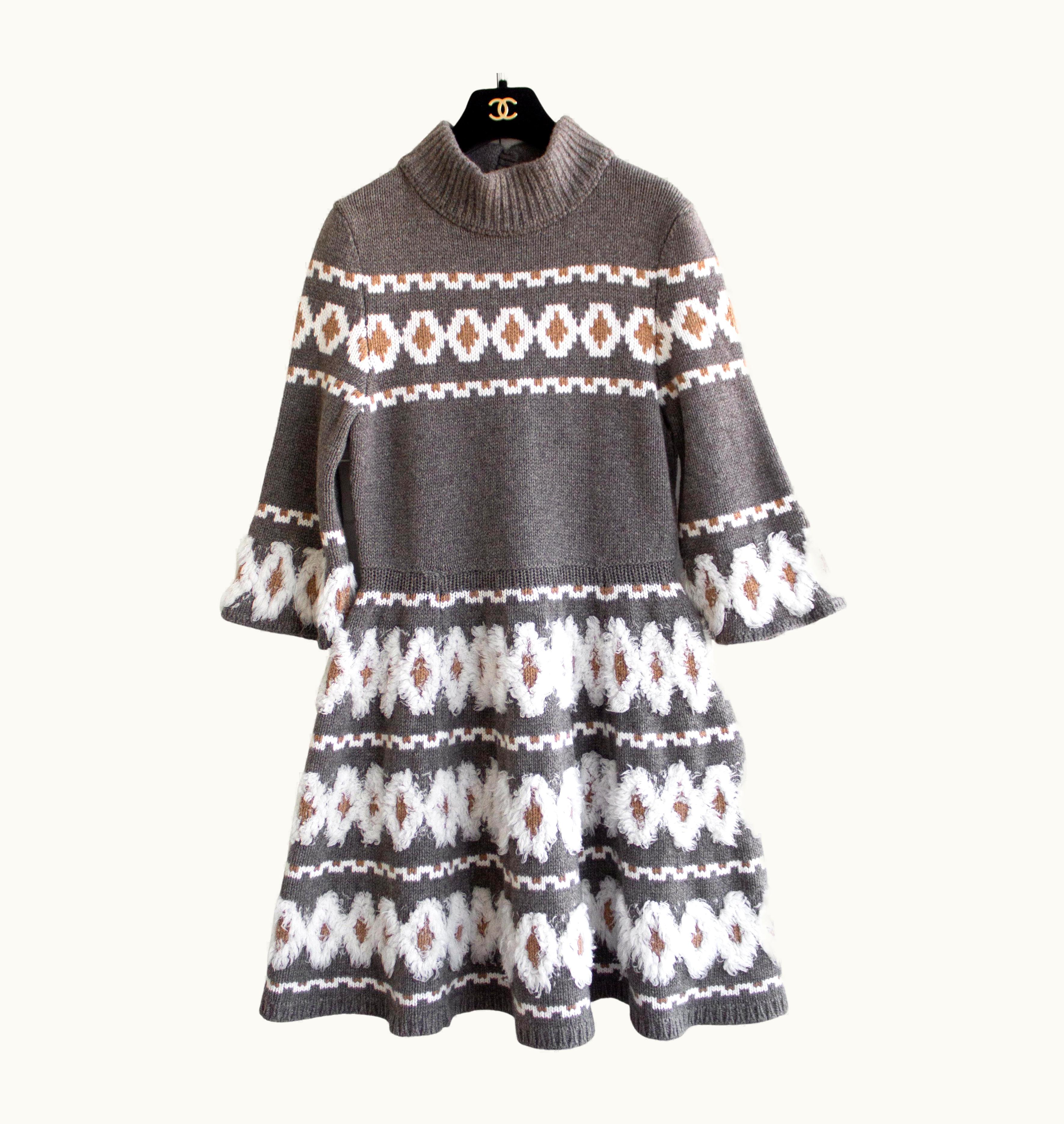Chanel Chanel Fall 2019 Fair Isle Grey Beige White Wool Cashmere 19a Sweater Dress