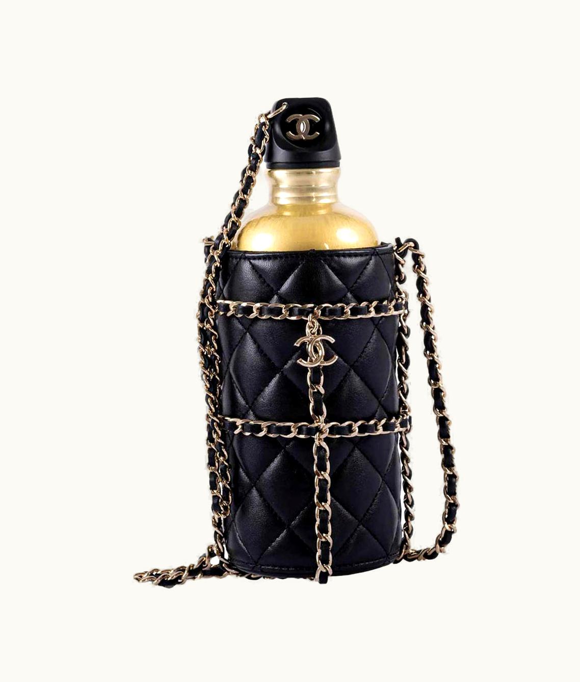 Chanel Chanel Lambskin Quilted Cc Water Bottle In Black & Gold