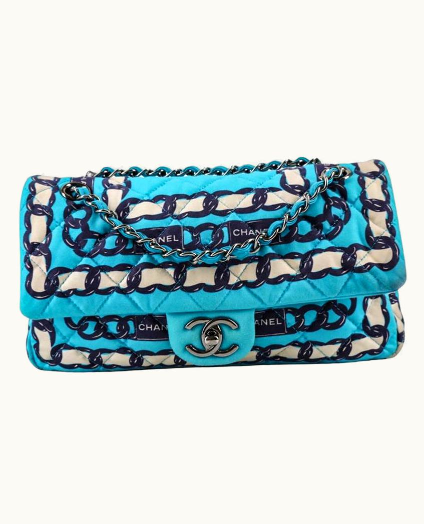 Chanel Womens Designer Chanel Silk Chain Printed Medium Single Flap