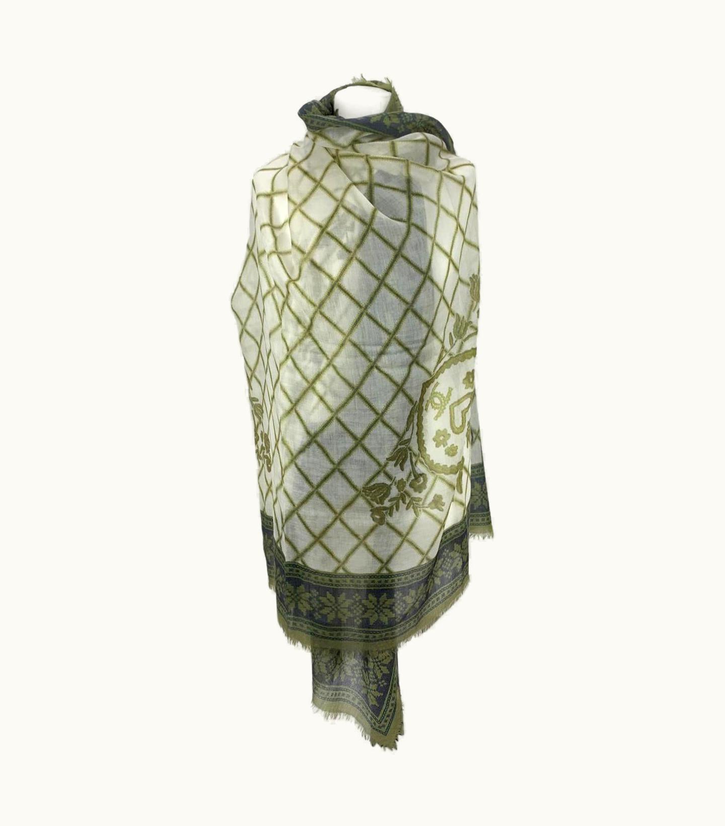 Chanel Chanel White And Green Cashmere Lattice Hearts Shawl Large Scarf
